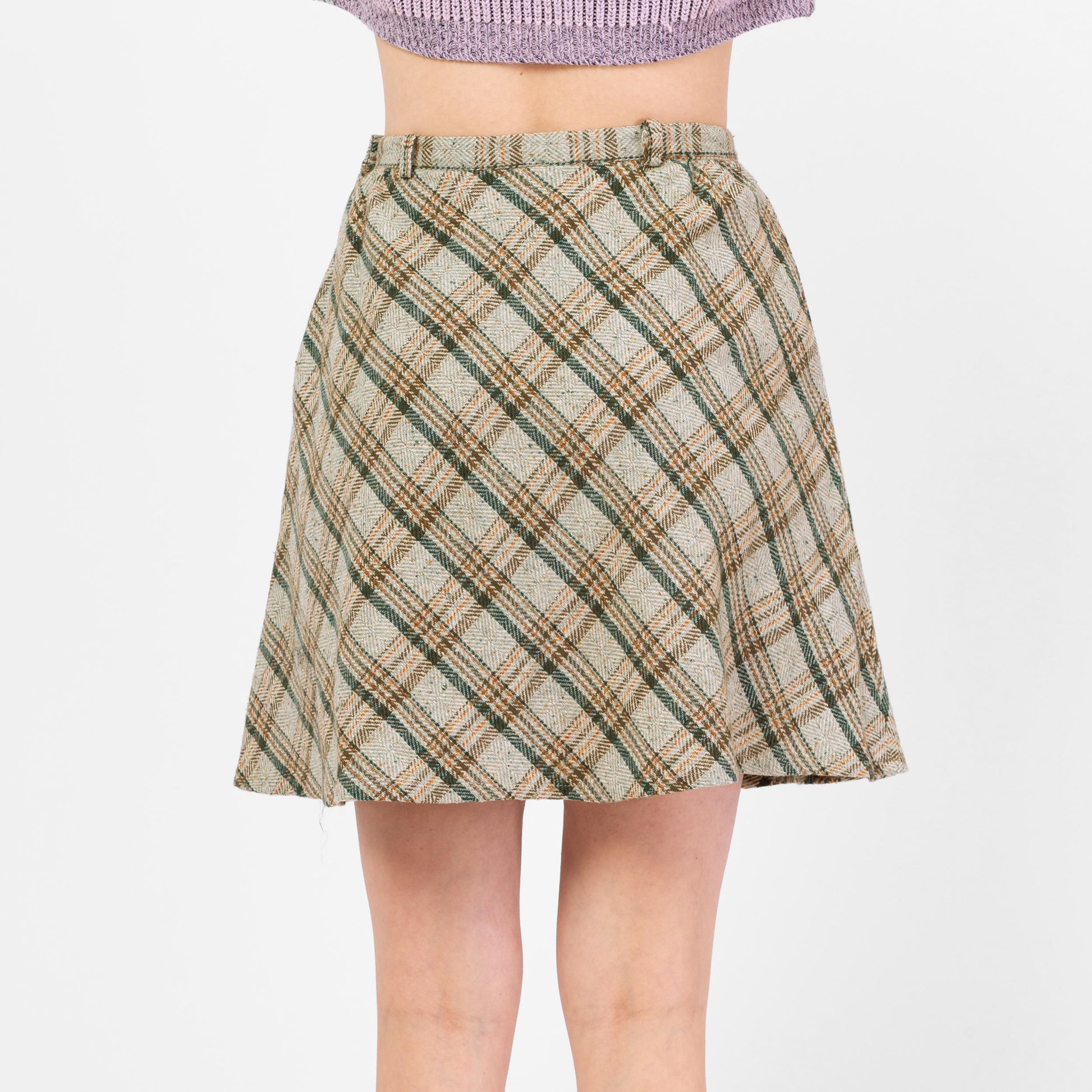 Vintage 70s Sage Green Plaid Tweed Mini Skirt - Medium, 28" Waist | High Waisted A Line Woven Pocket Skirt