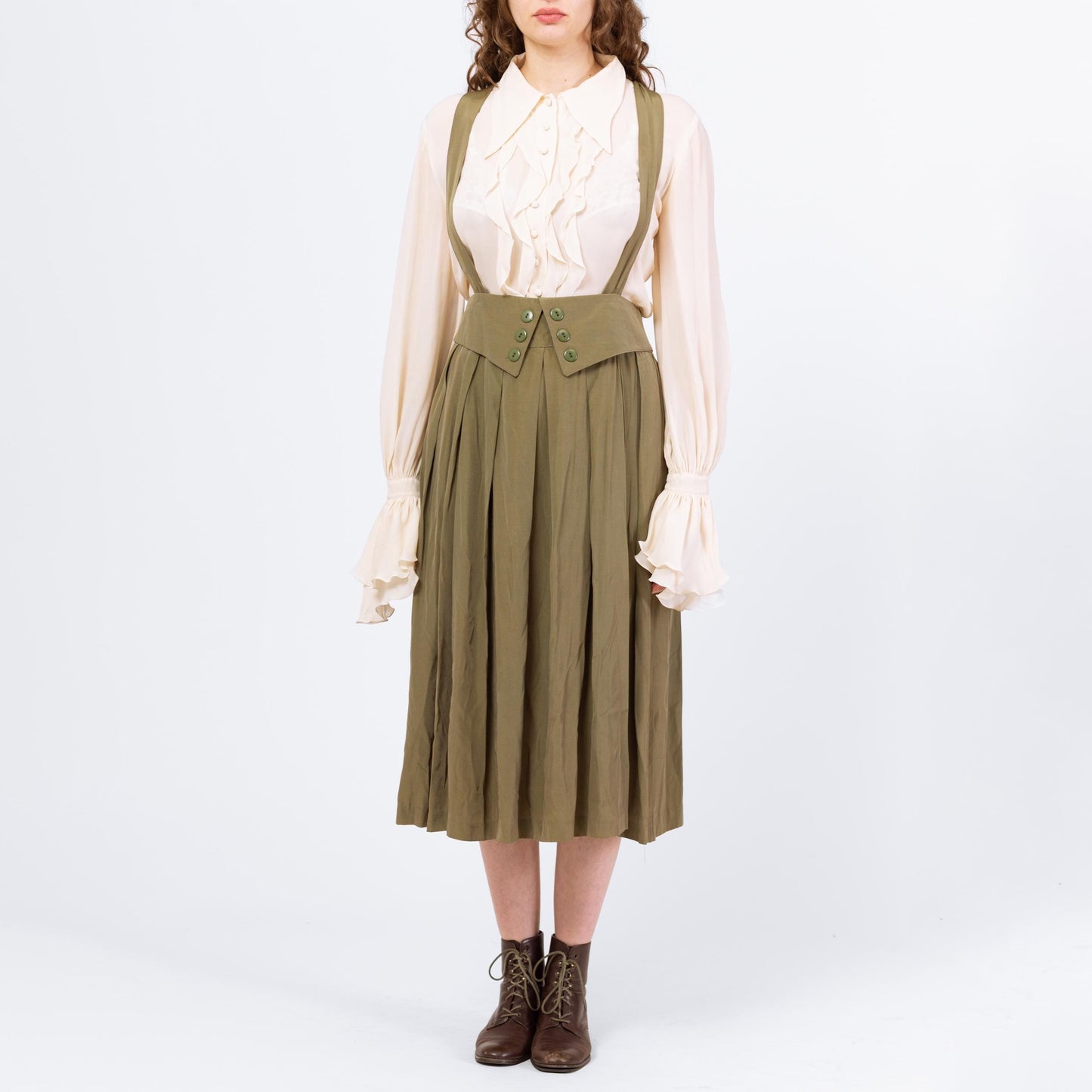 Vintage 80s Does Edwardian Olive Green Pinafore Suspender Dress - Medium to Large, 30.5" Waist | High Waist Cross Back Midi Dress