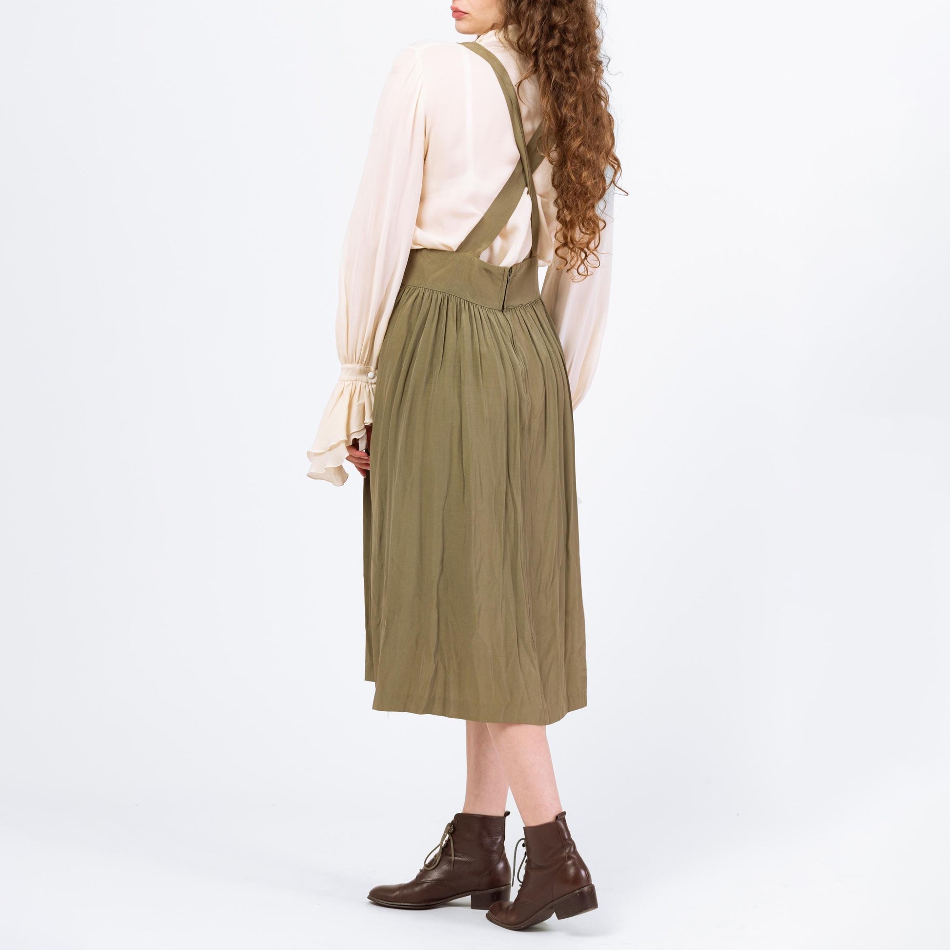 Vintage 80s Does Edwardian Olive Green Pinafore Suspender Dress - Medium to Large, 30.5" Waist | High Waist Cross Back Midi Dress