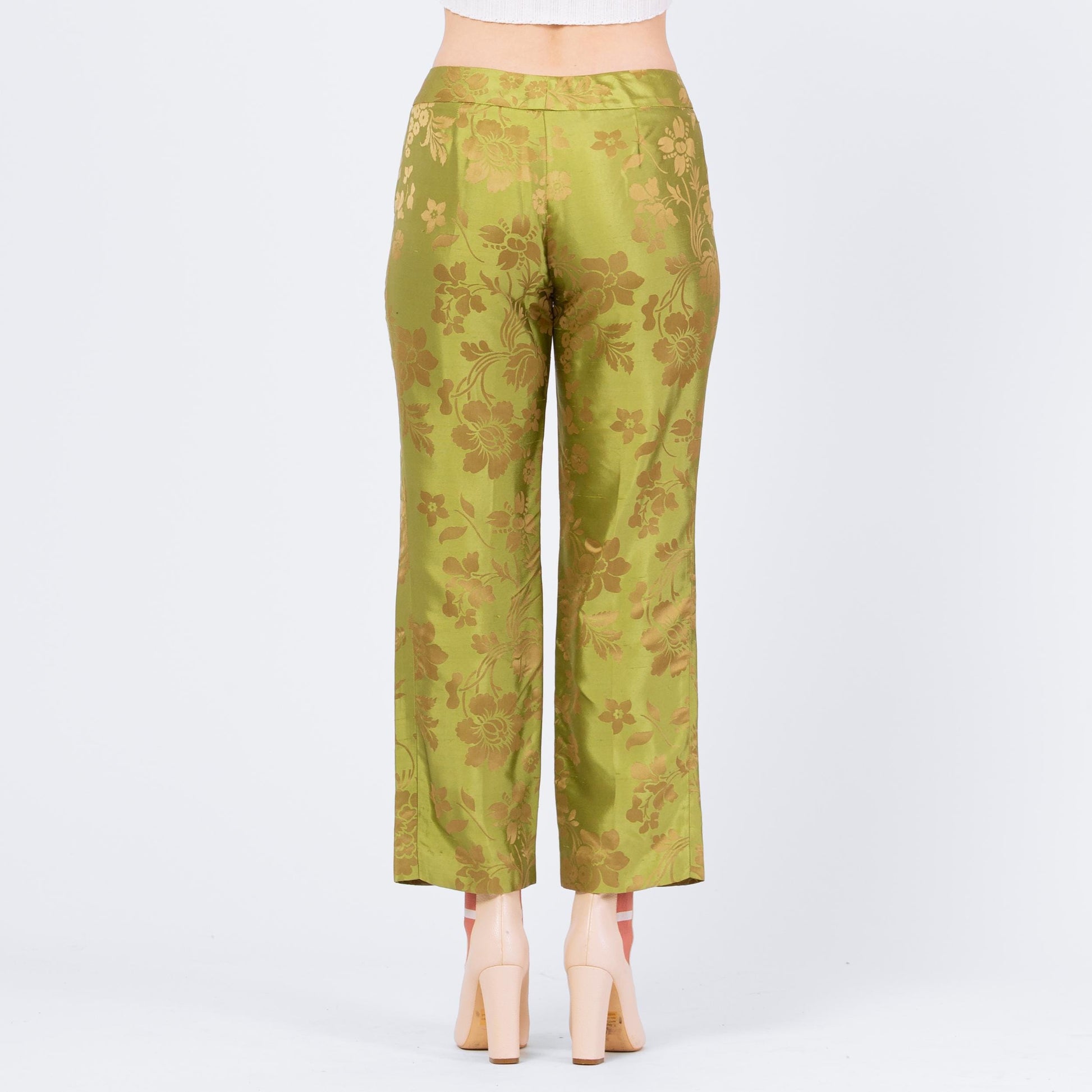 Vintage Y2K Chartreuse Green & Gold Floral Silk Jacquard Pants - Small, Size 6 | Mid Rise Straight Leg Trousers