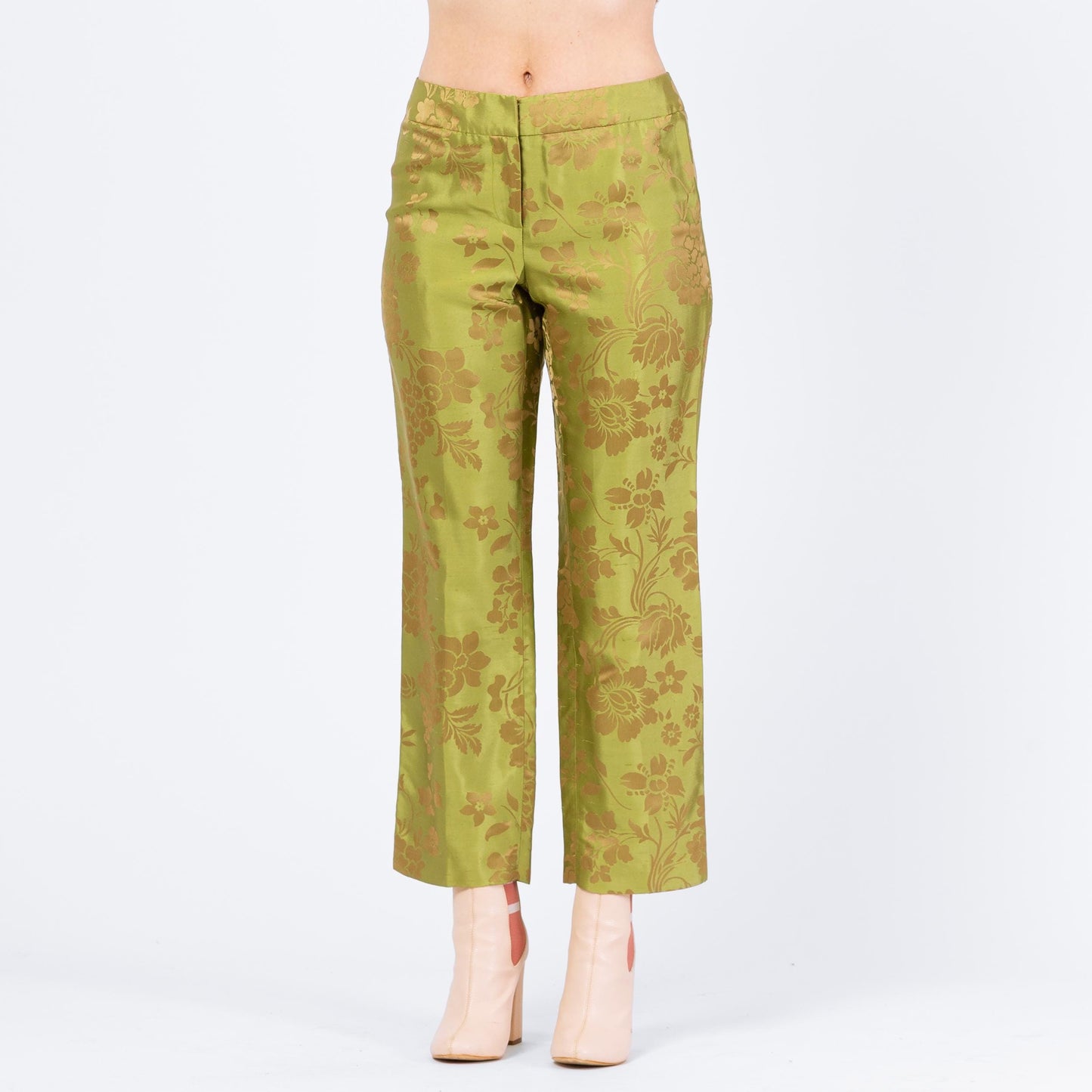 Vintage Y2K Chartreuse Green & Gold Floral Silk Jacquard Pants - Small, Size 6 | Mid Rise Straight Leg Trousers