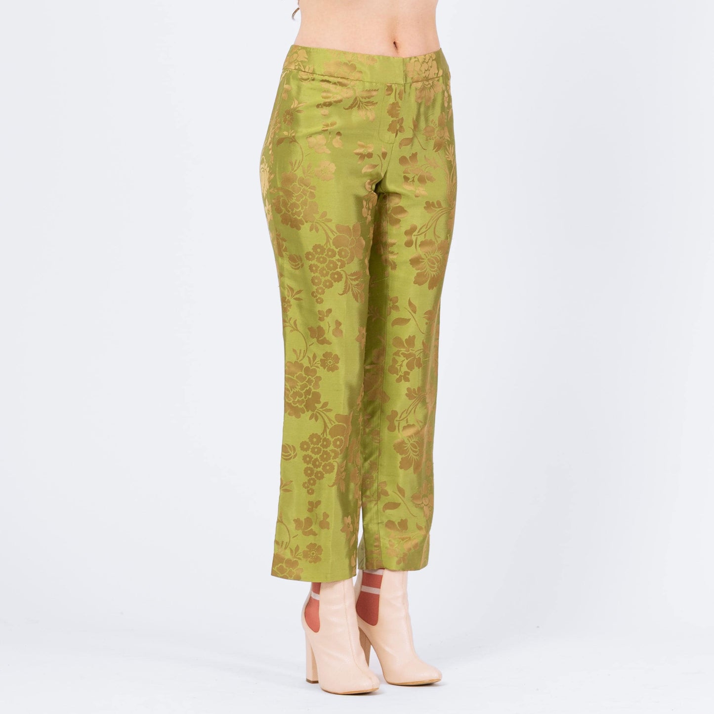Vintage Y2K Chartreuse Green & Gold Floral Silk Jacquard Pants - Small, Size 6 | Mid Rise Straight Leg Trousers