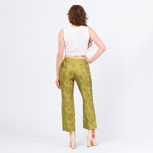 Vintage Y2K Chartreuse Green & Gold Floral Silk Jacquard Pants - Small, Size 6 | Mid Rise Straight Leg Trousers
