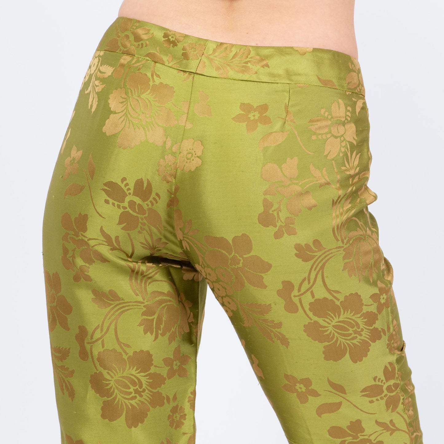 Vintage Y2K Chartreuse Green & Gold Floral Silk Jacquard Pants - Small, Size 6 | Mid Rise Straight Leg Trousers