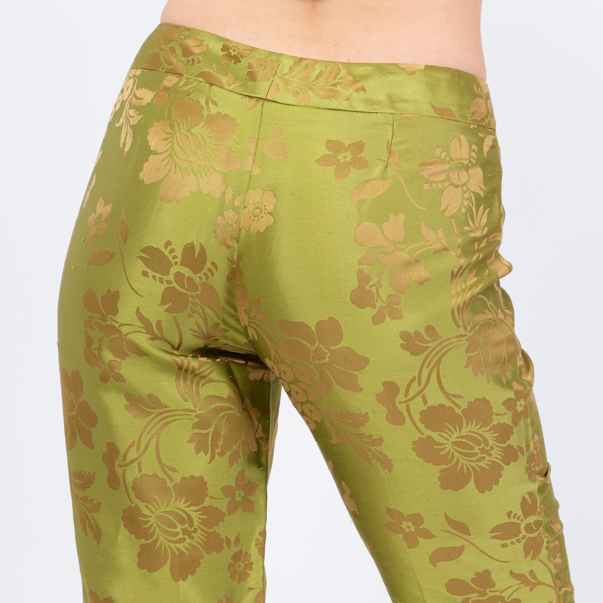 Vintage Y2K Chartreuse Green & Gold Floral Silk Jacquard Pants - Small, Size 6 | Mid Rise Straight Leg Trousers