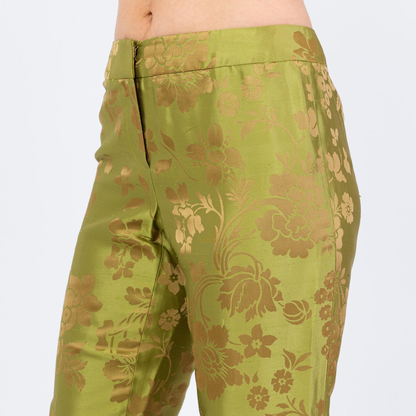 Vintage Y2K Chartreuse Green & Gold Floral Silk Jacquard Pants - Small, Size 6 | Mid Rise Straight Leg Trousers