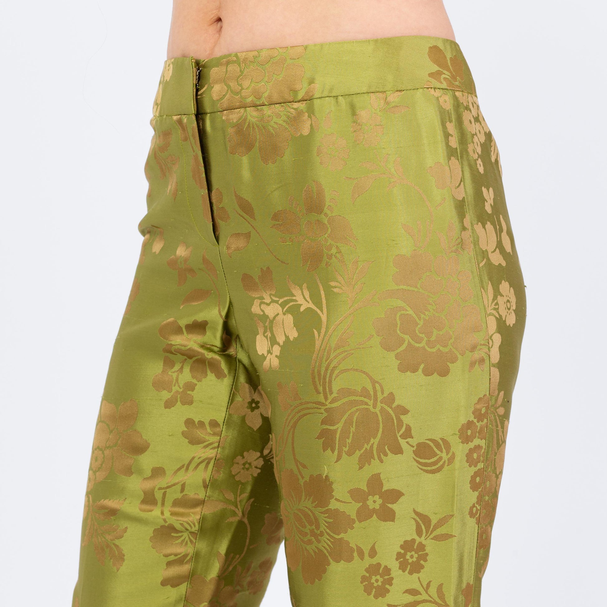 Vintage Y2K Chartreuse Green & Gold Floral Silk Jacquard Pants - Small, Size 6 | Mid Rise Straight Leg Trousers