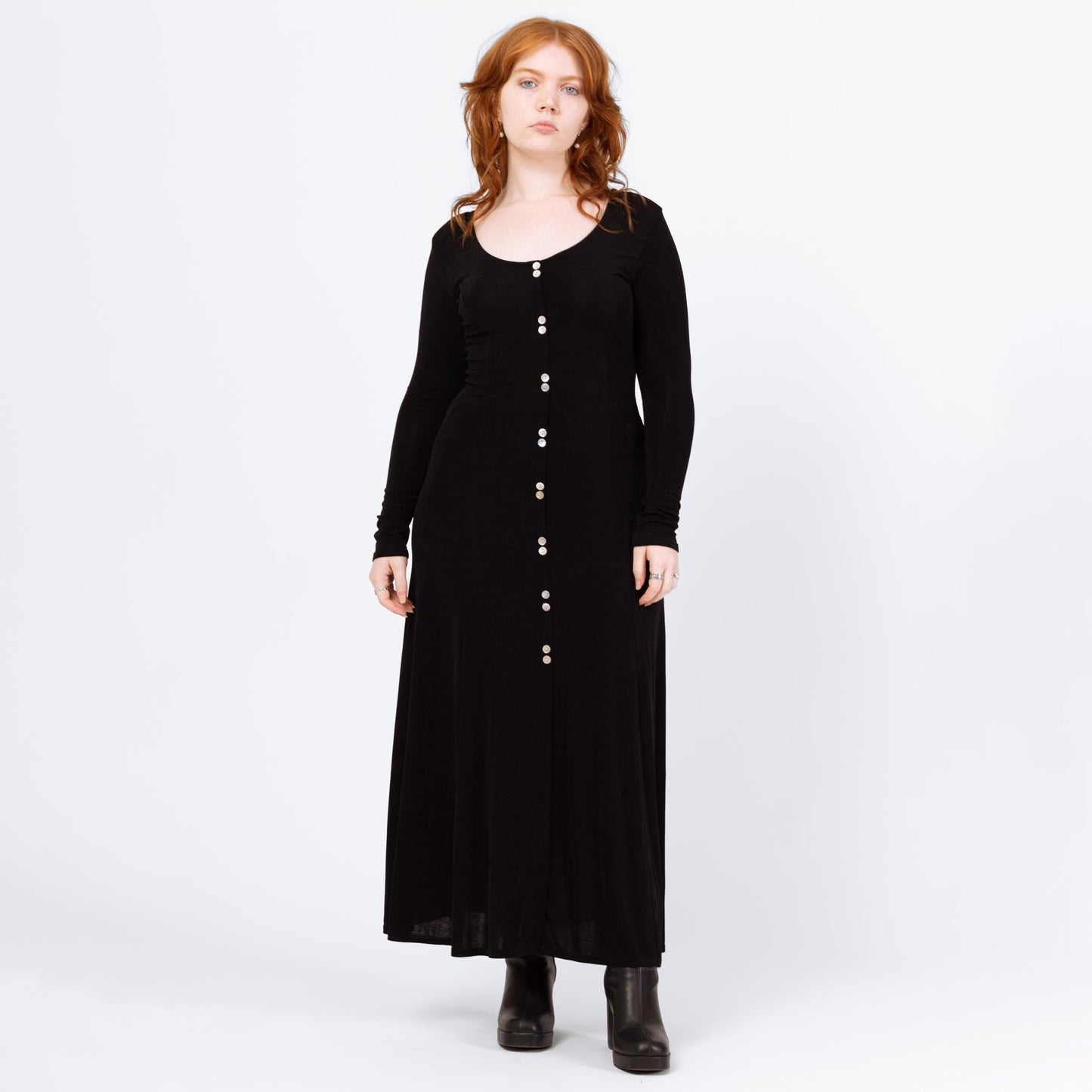 Vintage 90s Slinky Black Long Sleeve Maxi Dress - Large | Minimalist Button Front Witchy Goth Grunge Dress