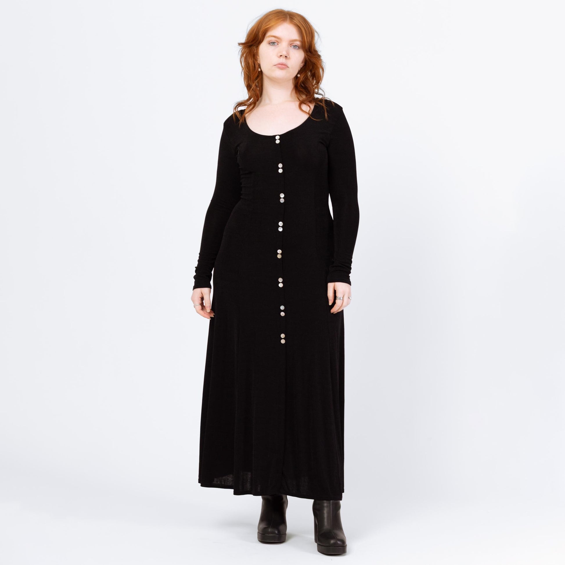 Vintage 90s Slinky Black Long Sleeve Maxi Dress - Large | Minimalist Button Front Witchy Goth Grunge Dress