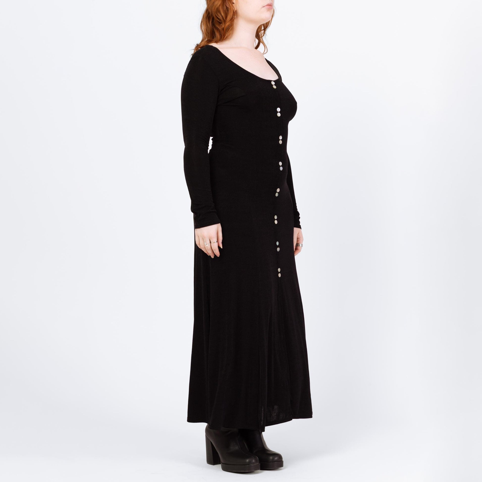 Vintage 90s Slinky Black Long Sleeve Maxi Dress - Large | Minimalist Button Front Witchy Goth Grunge Dress