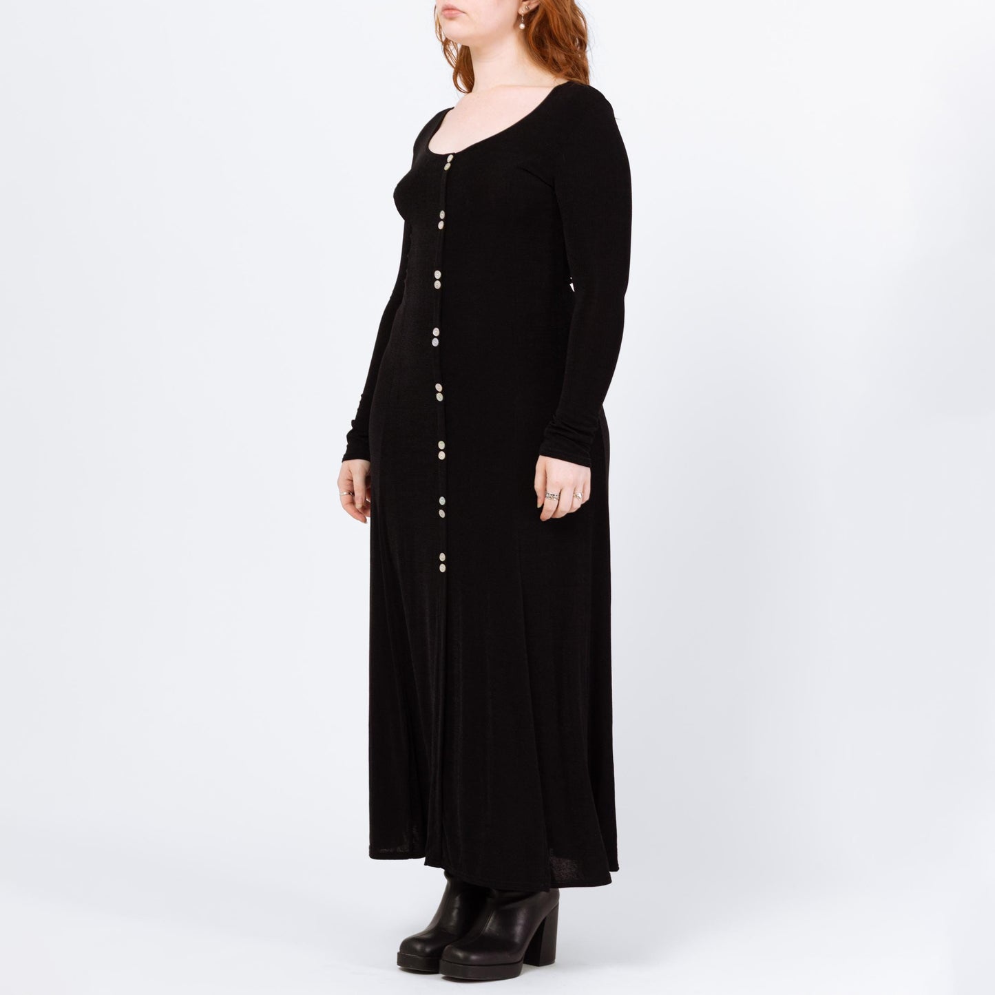 Vintage 90s Slinky Black Long Sleeve Maxi Dress - Large | Minimalist Button Front Witchy Goth Grunge Dress