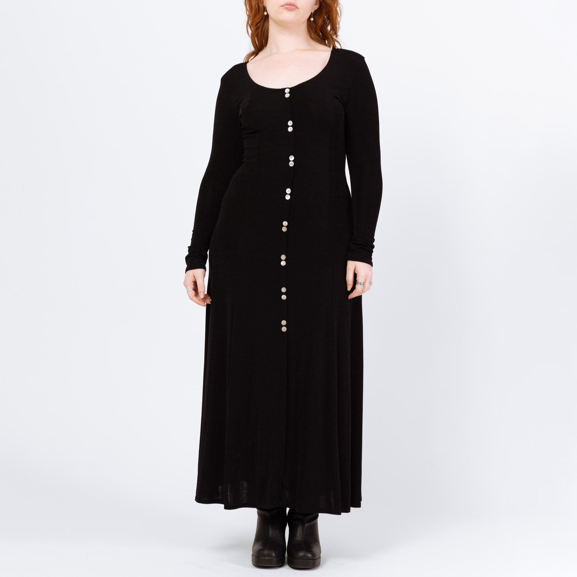 Vintage 90s Slinky Black Long Sleeve Maxi Dress - Large | Minimalist Button Front Witchy Goth Grunge Dress