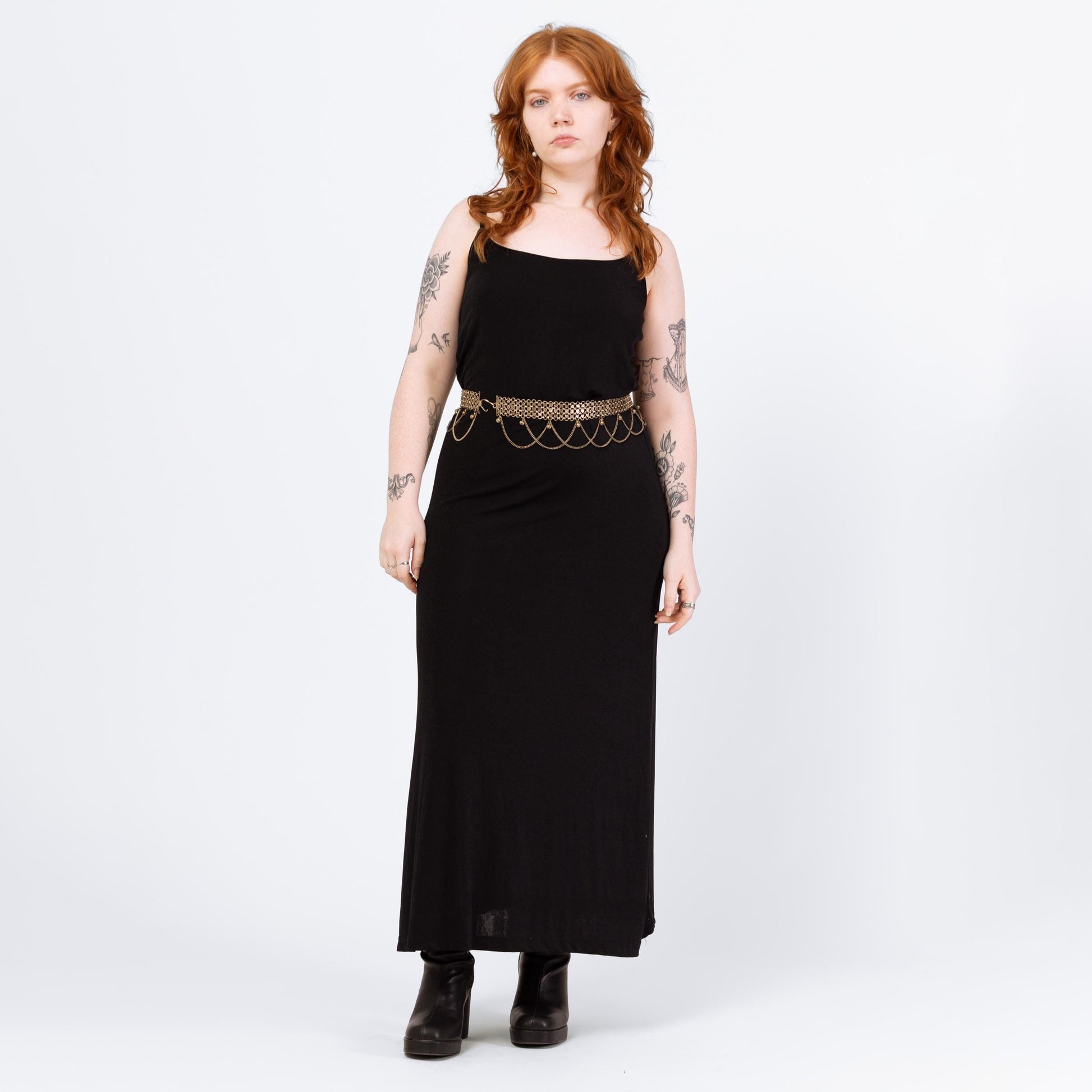 Vintage 90s Minimalist Slinky Black Sleeveless Maxi Dress - Medium | Spaghetti Strap Goth Grunge Layering Dress