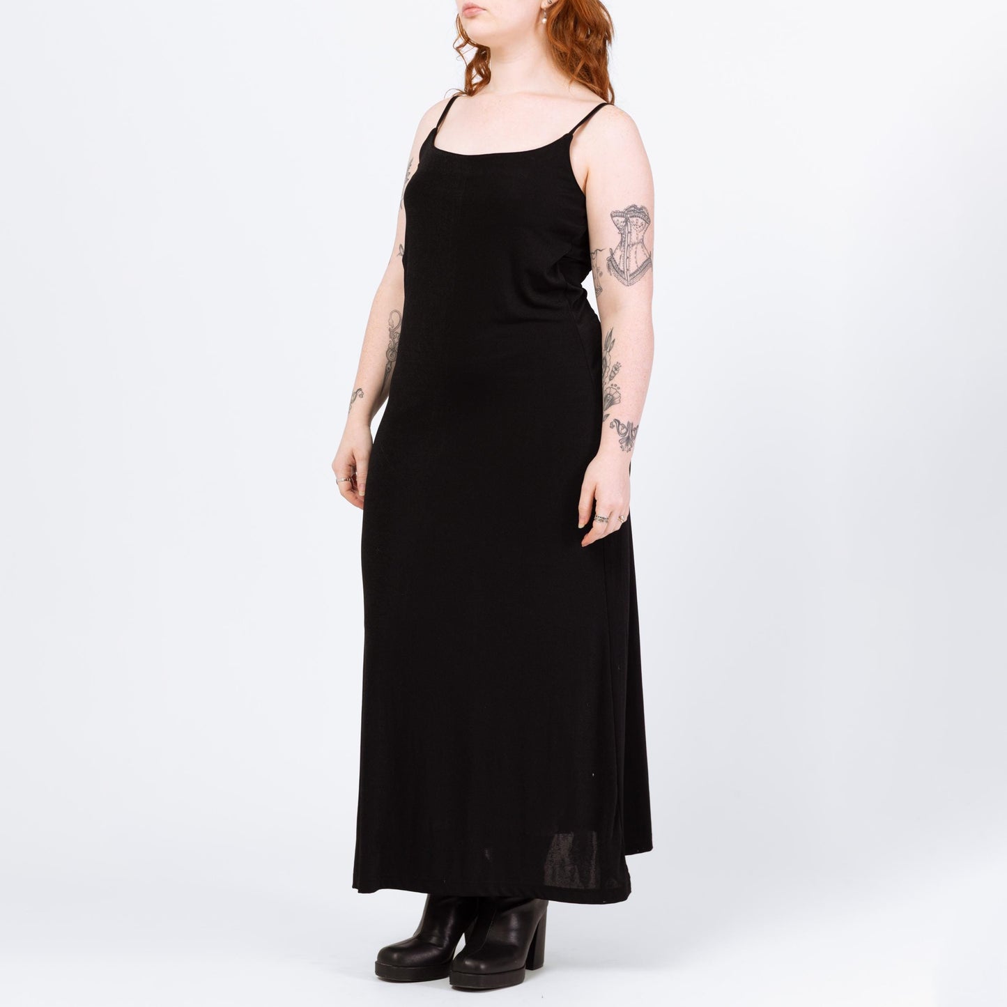 Vintage 90s Minimalist Slinky Black Sleeveless Maxi Dress - Medium | Spaghetti Strap Goth Grunge Layering Dress