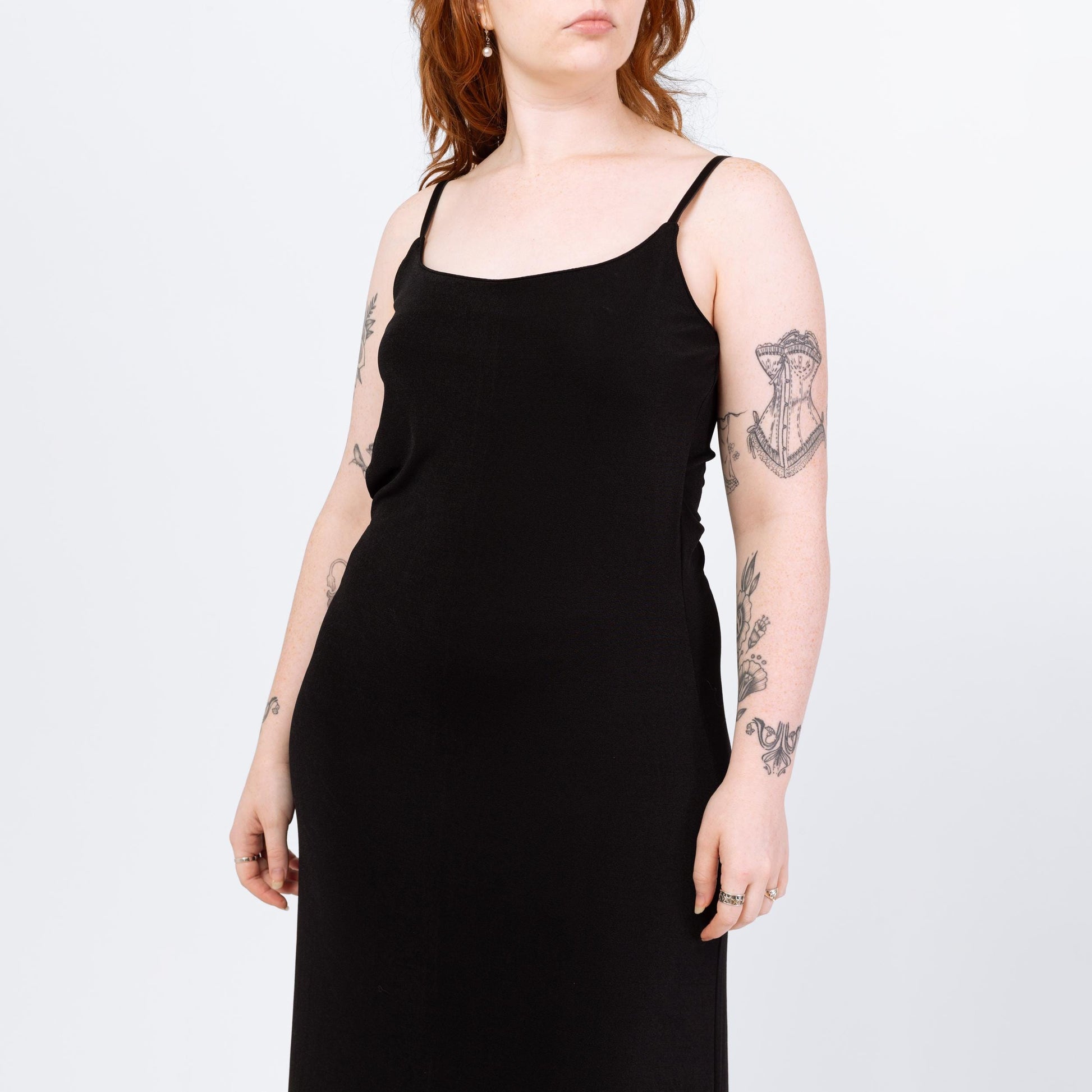 Vintage 90s Minimalist Slinky Black Sleeveless Maxi Dress - Medium | Spaghetti Strap Goth Grunge Layering Dress