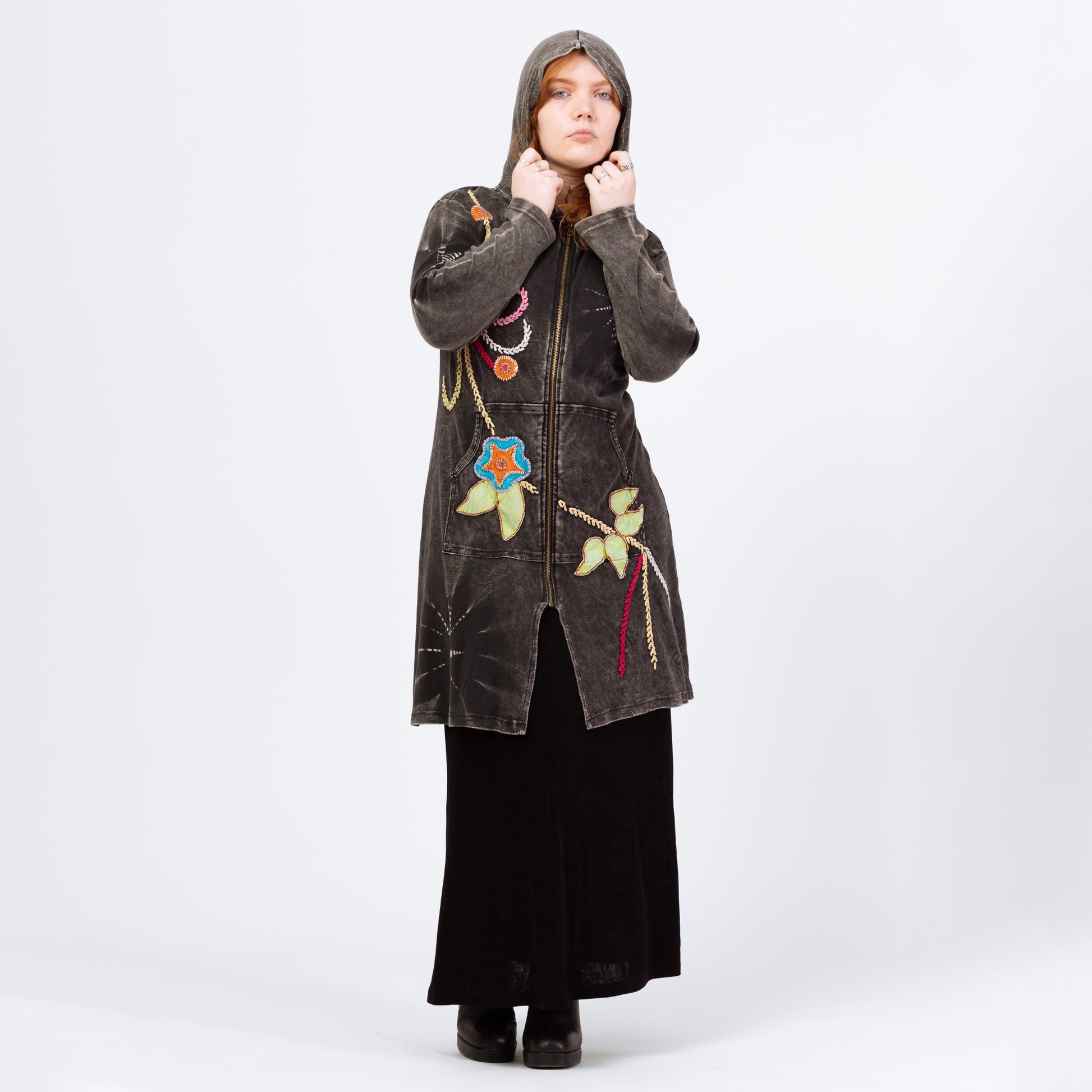 Vintage Y2K Boho Black Tie Dye Embroidered Hooded Mini Dress - Large | Long Sleeve Fairycore Whimsigoth Hippie Zip Up Dress