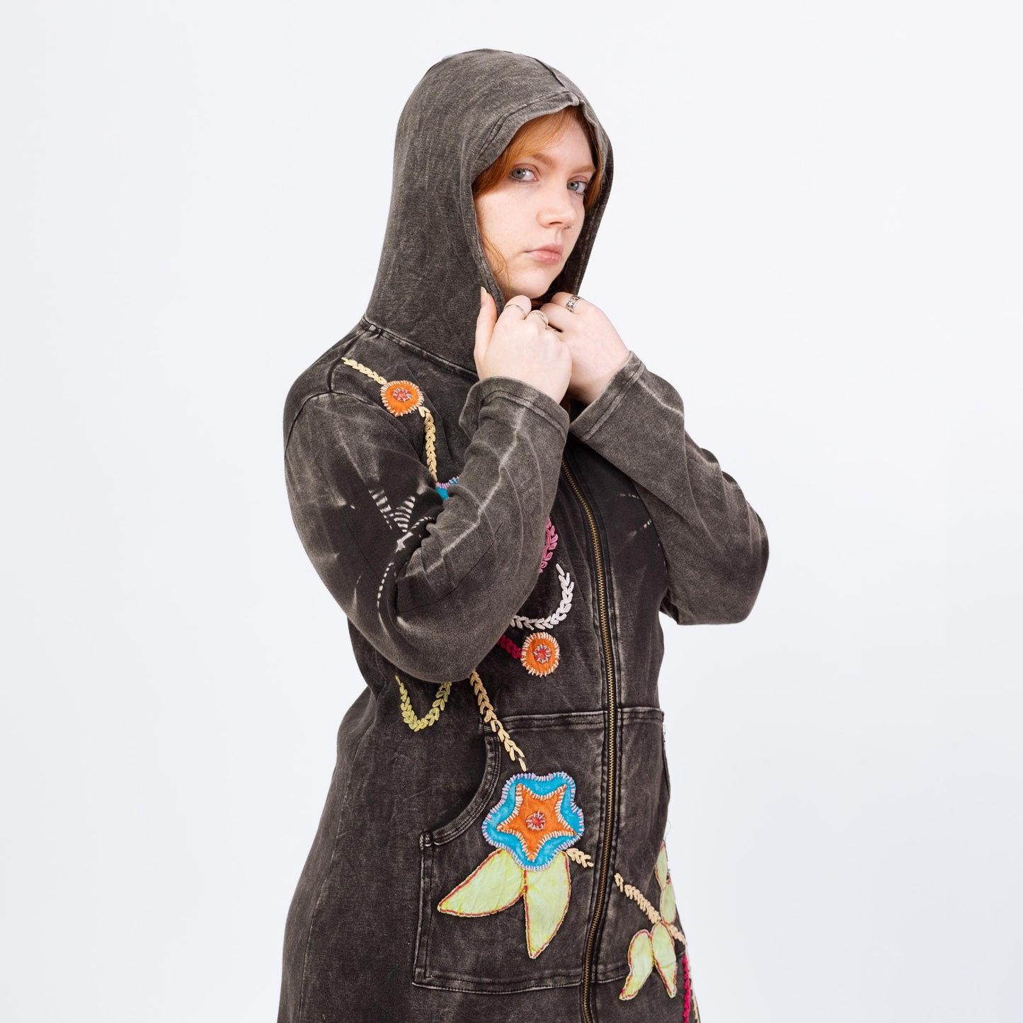 Vintage Y2K Boho Black Tie Dye Embroidered Hooded Mini Dress - Large | Long Sleeve Fairycore Whimsigoth Hippie Zip Up Dress