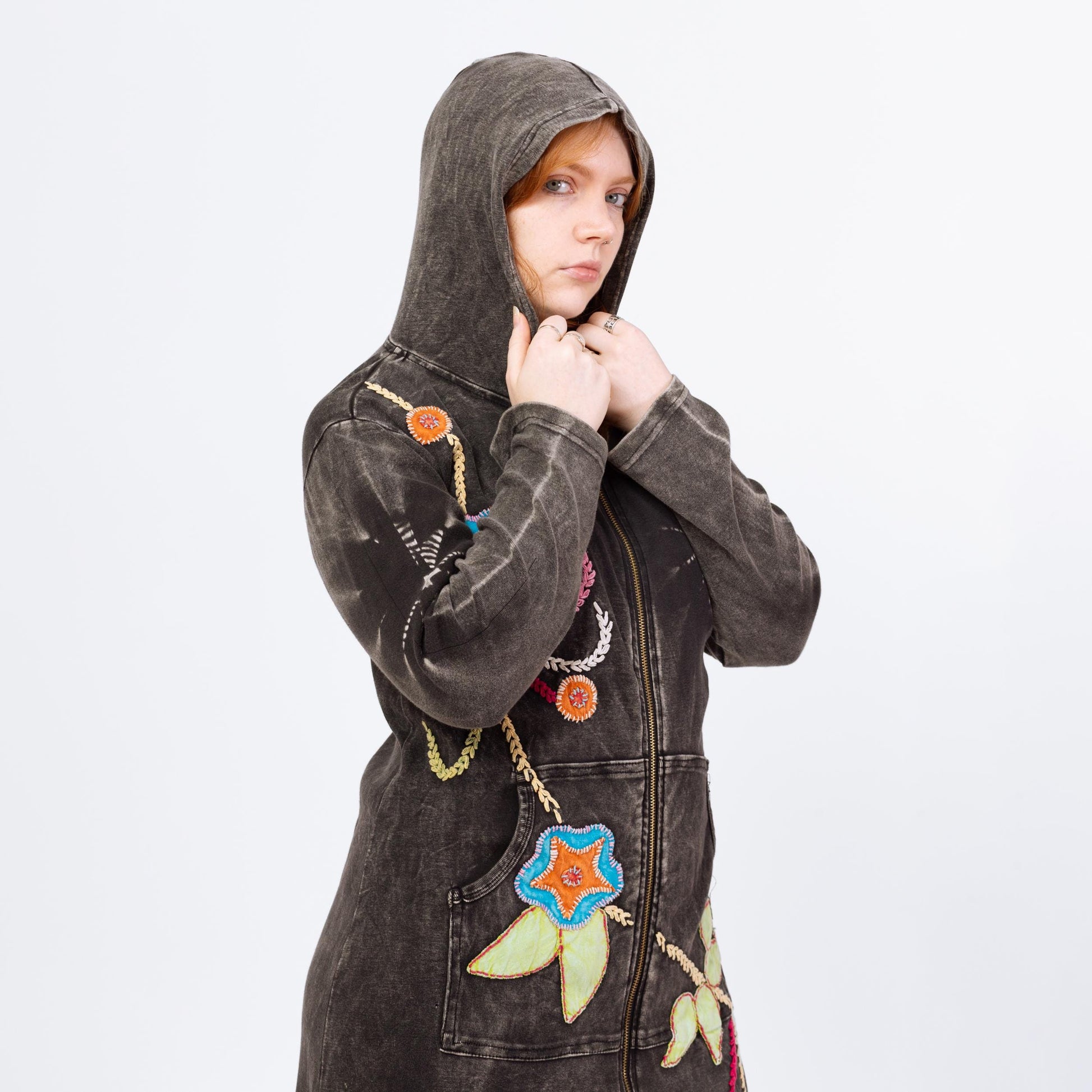 Vintage Y2K Boho Black Tie Dye Embroidered Hooded Mini Dress - Large | Long Sleeve Fairycore Whimsigoth Hippie Zip Up Dress