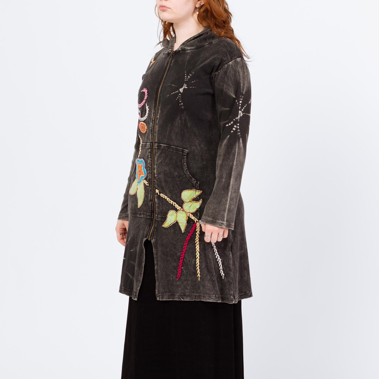 Vintage Y2K Boho Black Tie Dye Embroidered Hooded Mini Dress - Large | Long Sleeve Fairycore Whimsigoth Hippie Zip Up Dress