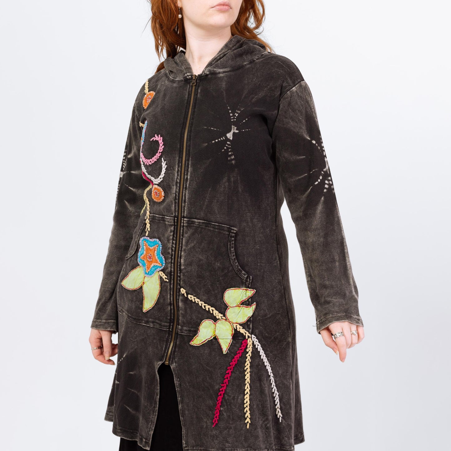 Vintage Y2K Boho Black Tie Dye Embroidered Hooded Mini Dress - Large | Long Sleeve Fairycore Whimsigoth Hippie Zip Up Dress