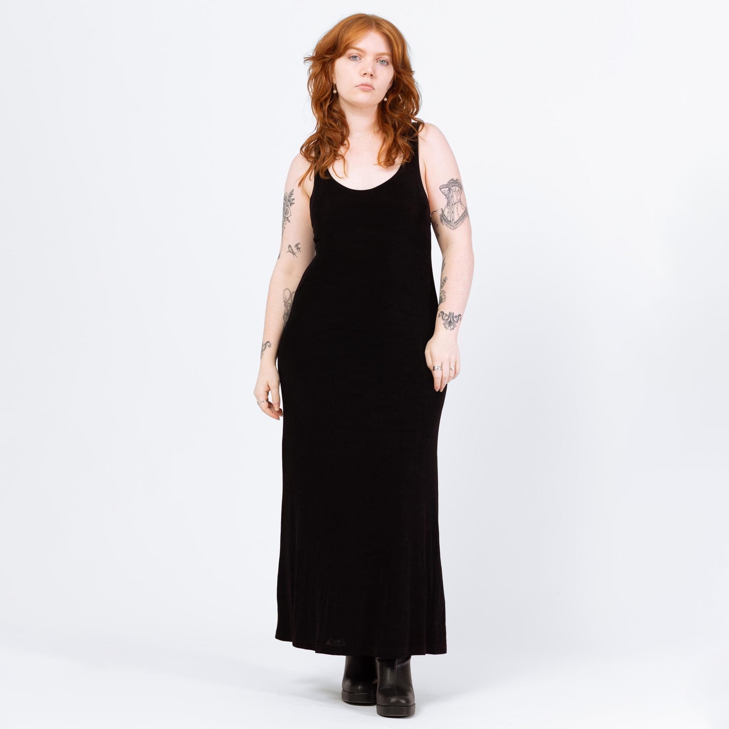 Vintage 90s Minimalist Black Slinky Maxi Tank Dress - Large | A Line Goth Grunge Layering Dress