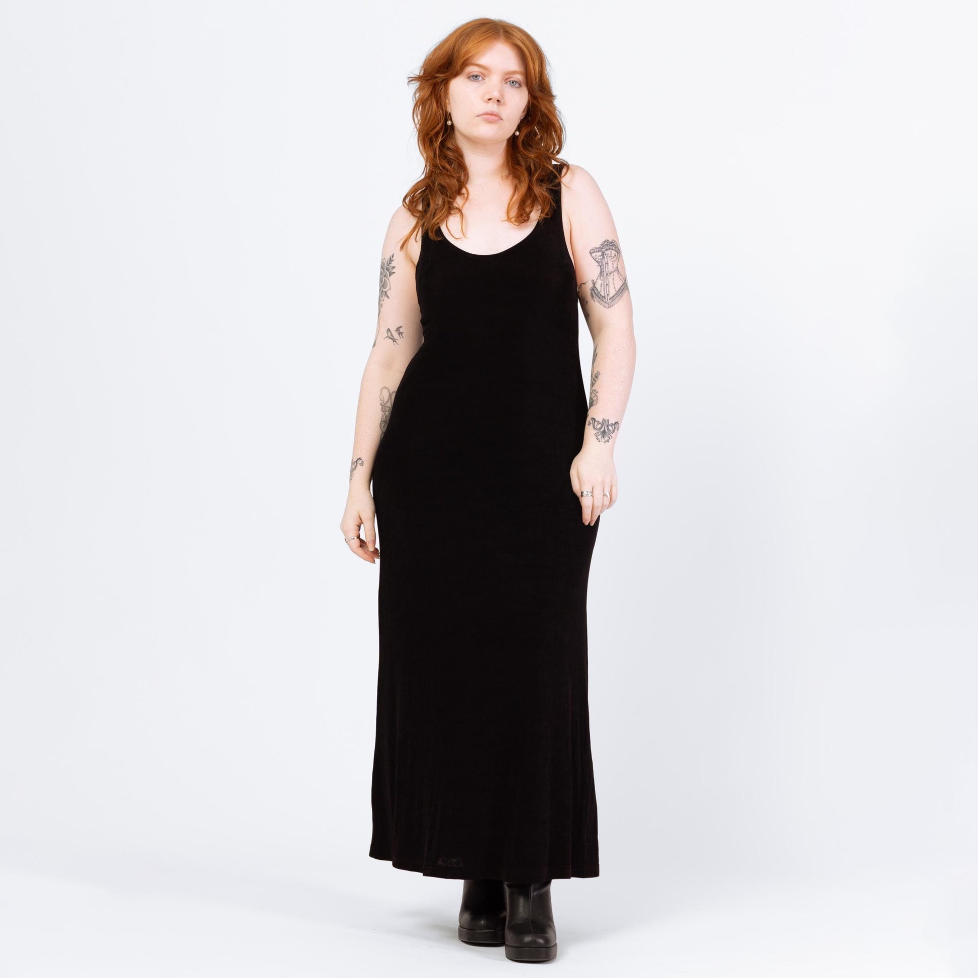 Vintage 90s Minimalist Black Slinky Maxi Tank Dress - Large | A Line Goth Grunge Layering Dress