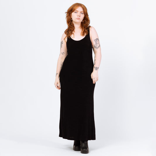 Vintage 90s Minimalist Black Slinky Maxi Tank Dress - Large | A Line Goth Grunge Layering Dress