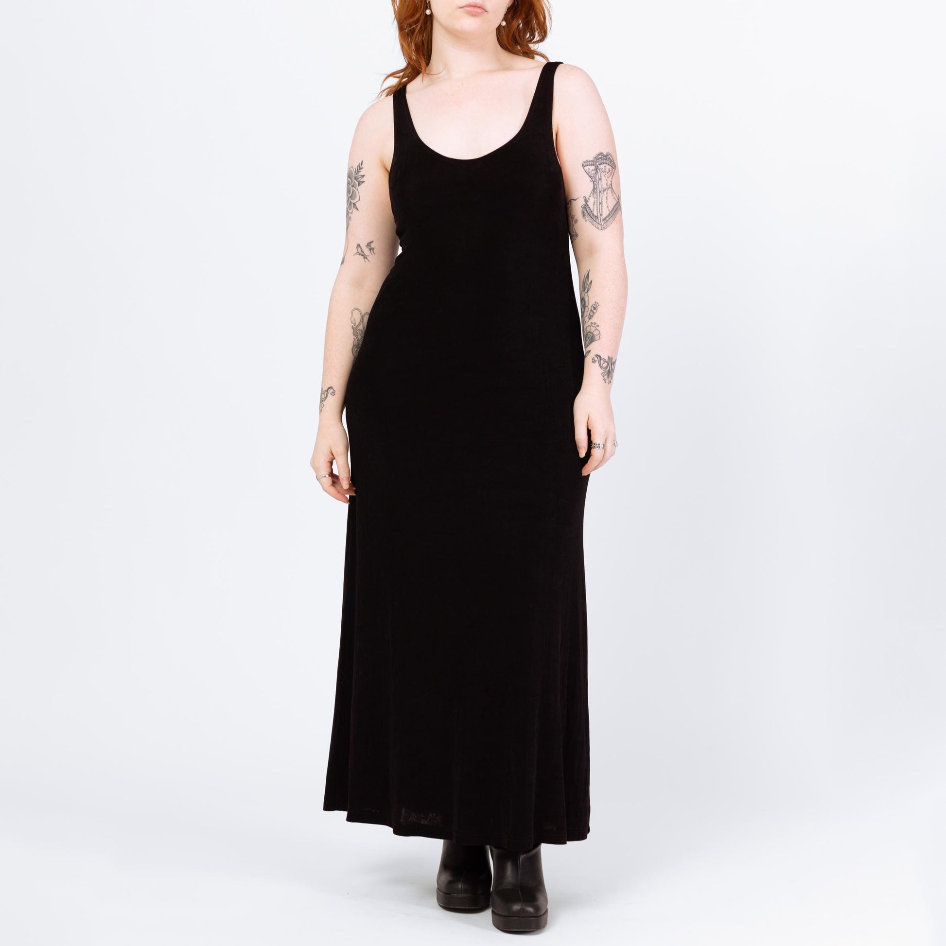 Vintage 90s Minimalist Black Slinky Maxi Tank Dress - Large | A Line Goth Grunge Layering Dress