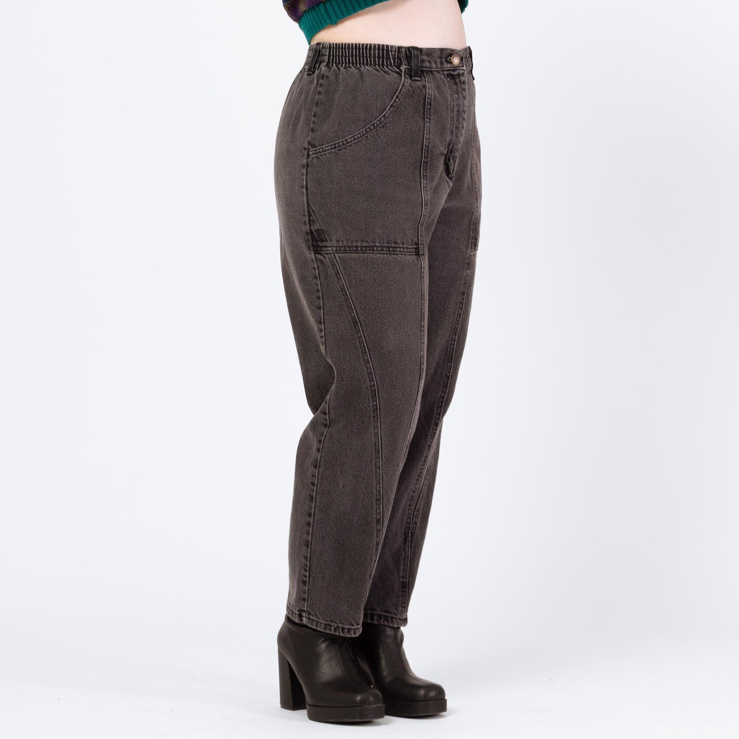 Vintage 90s Grunge Faded Black Elastic Waist Jeans - Petite Large, 30"-33" Waist | High Waisted Camp Pocket Tapered Leg Casual Jeans