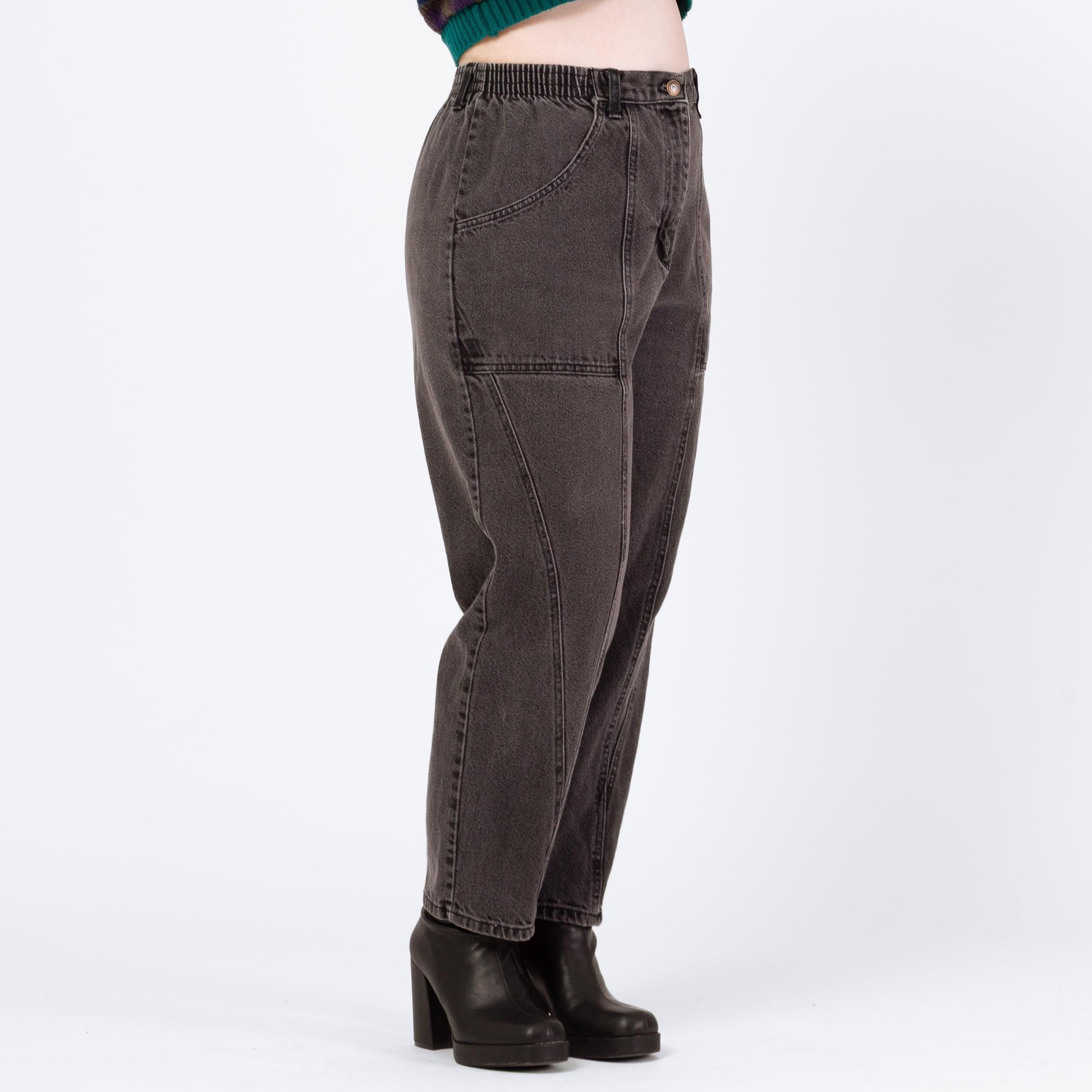 Vintage 90s Grunge Faded Black Elastic Waist Jeans - Petite Large, 30"-33" Waist | High Waisted Camp Pocket Tapered Leg Casual Jeans