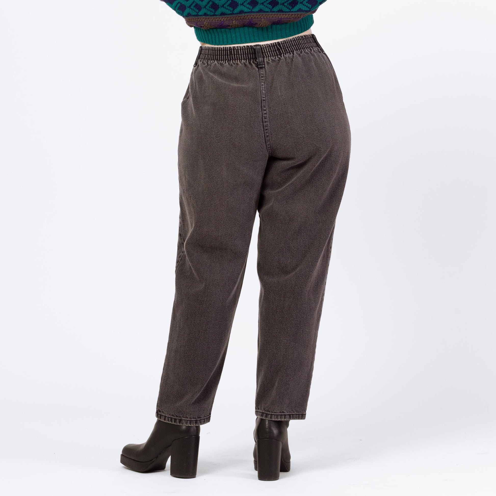 Vintage 90s Grunge Faded Black Elastic Waist Jeans - Petite Large, 30"-33" Waist | High Waisted Camp Pocket Tapered Leg Casual Jeans