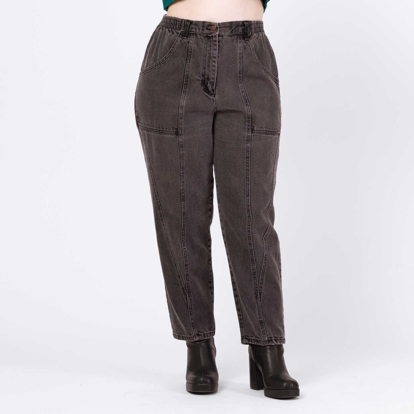 Vintage 90s Grunge Faded Black Elastic Waist Jeans - Petite Large, 30"-33" Waist | High Waisted Camp Pocket Tapered Leg Casual Jeans