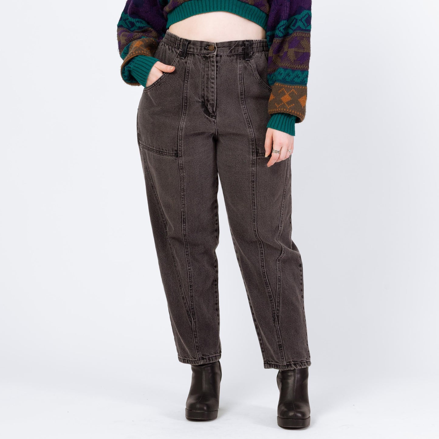 Vintage 90s Grunge Faded Black Elastic Waist Jeans - Petite Large, 30"-33" Waist | High Waisted Camp Pocket Tapered Leg Casual Jeans