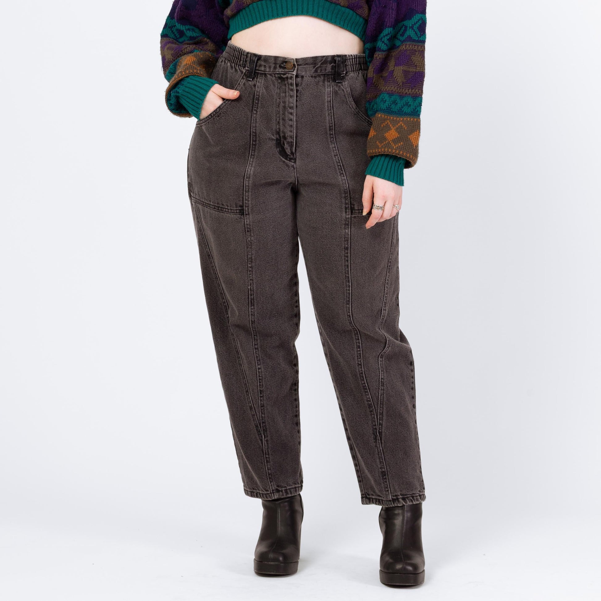 Vintage 90s Grunge Faded Black Elastic Waist Jeans - Petite Large, 30"-33" Waist | High Waisted Camp Pocket Tapered Leg Casual Jeans