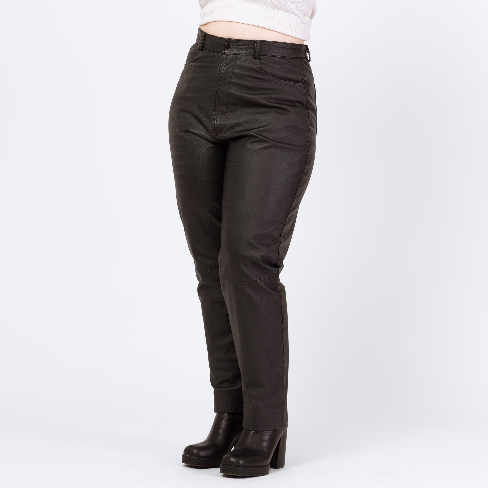 Vintage 90s Black Leather High Waisted Trousers - Large, 32" Waist | Grunge Tapered Leg Minimalist Biker Pants