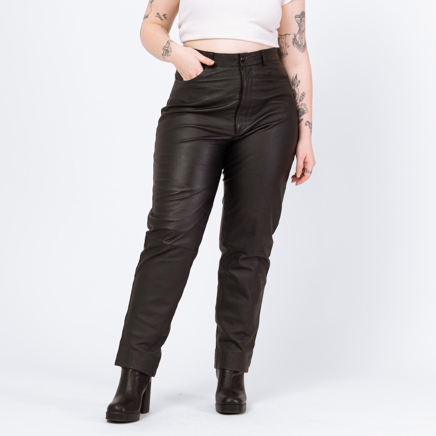 Vintage 90s Black Leather High Waisted Trousers - Large, 32" Waist | Grunge Tapered Leg Minimalist Biker Pants