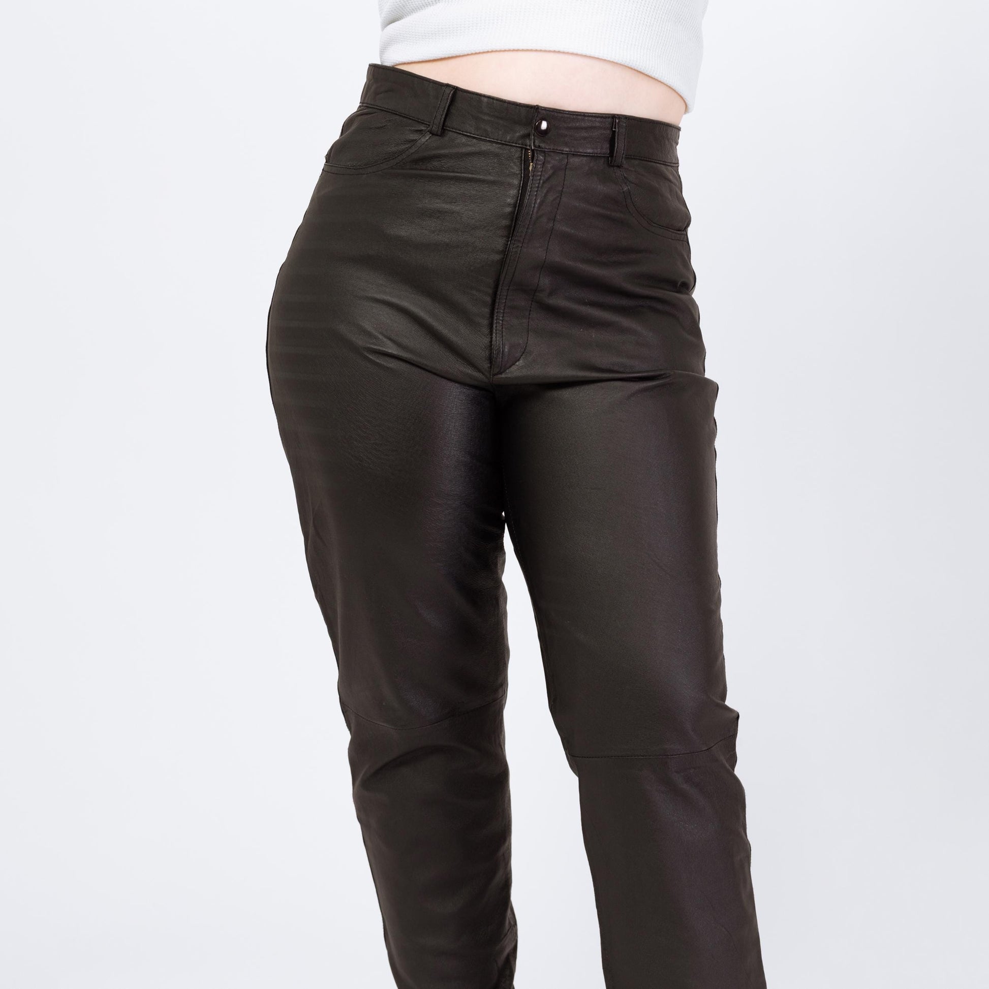 Vintage 90s Black Leather High Waisted Trousers - Large, 32" Waist | Grunge Tapered Leg Minimalist Biker Pants