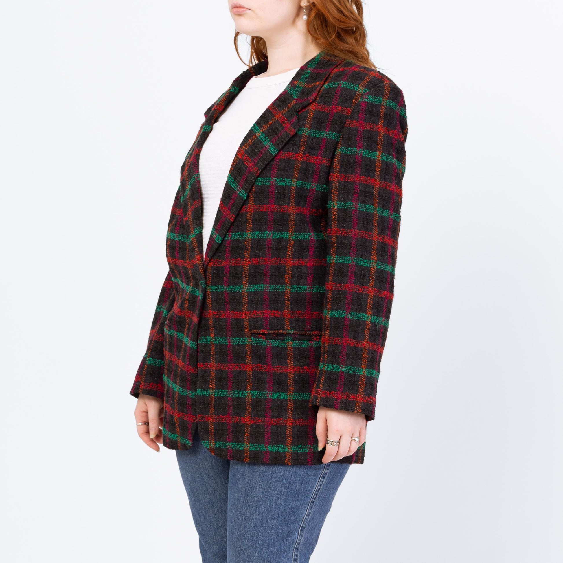 Vintage 80s Black Windowpane Plaid Tweed Blazer - Large | Longline Oversize Button Up Notched Collar Jacket