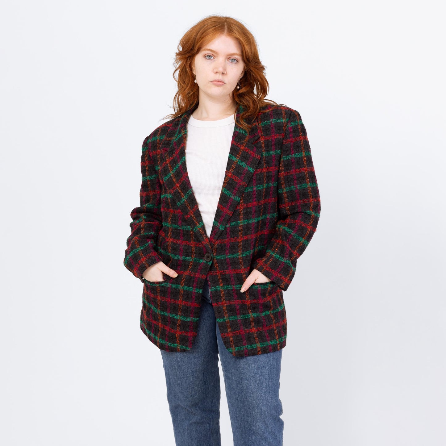 Vintage 80s Black Windowpane Plaid Tweed Blazer - Large | Longline Oversize Button Up Notched Collar Jacket