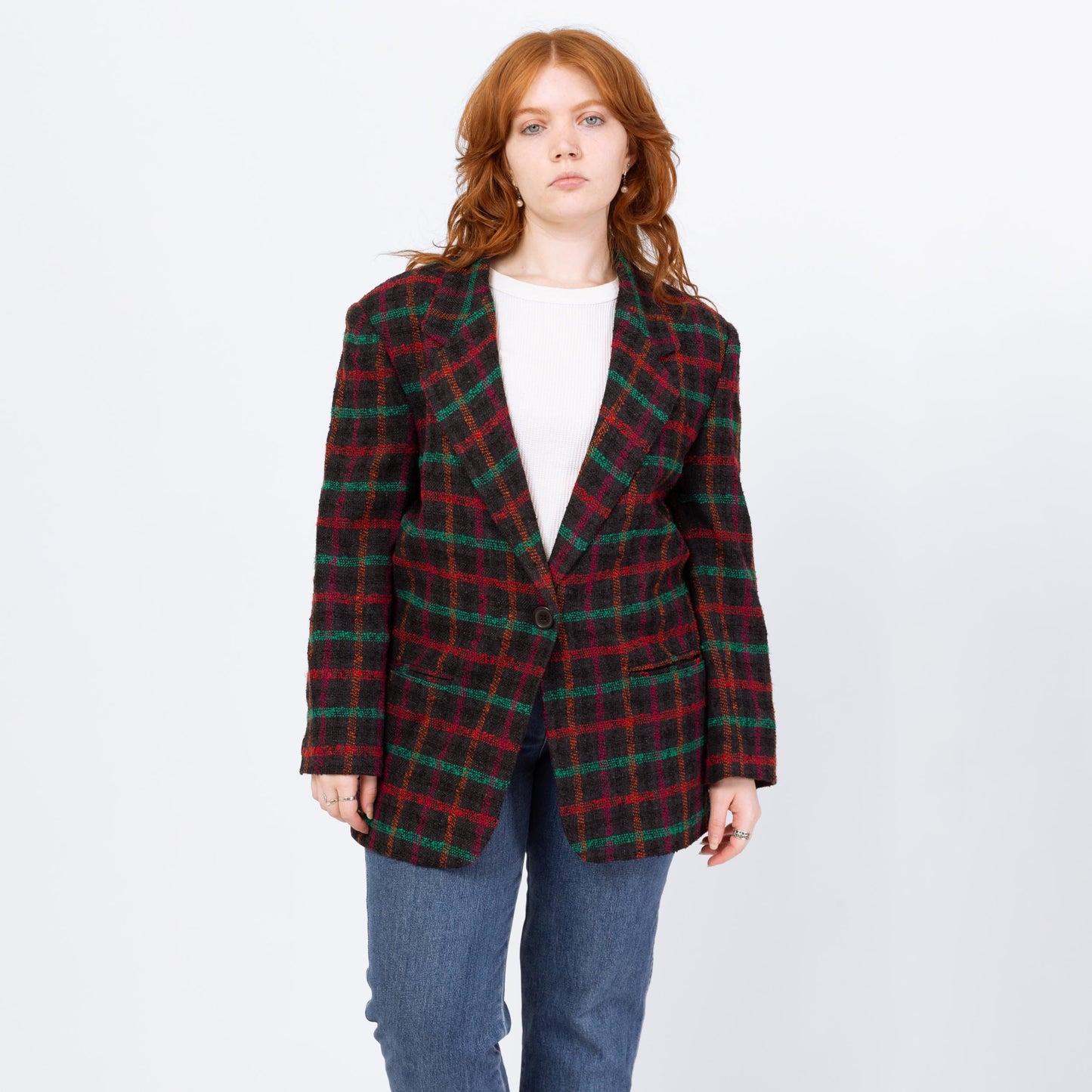 Vintage 80s Black Windowpane Plaid Tweed Blazer - Large | Longline Oversize Button Up Notched Collar Jacket