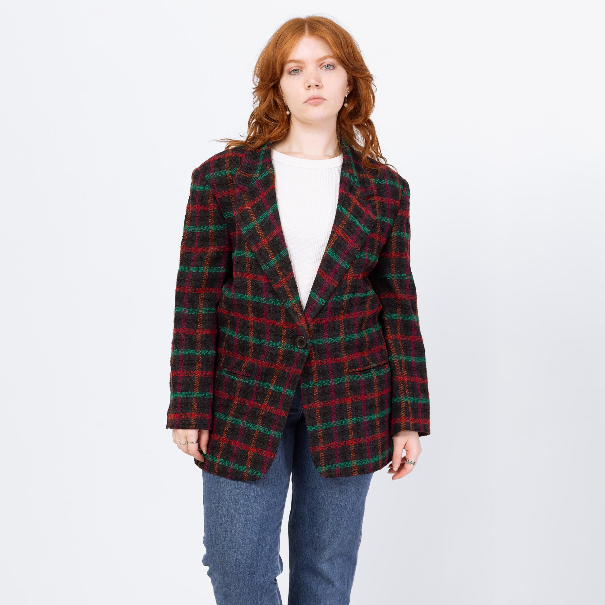 Vintage 80s Black Windowpane Plaid Tweed Blazer - Large | Longline Oversize Button Up Notched Collar Jacket