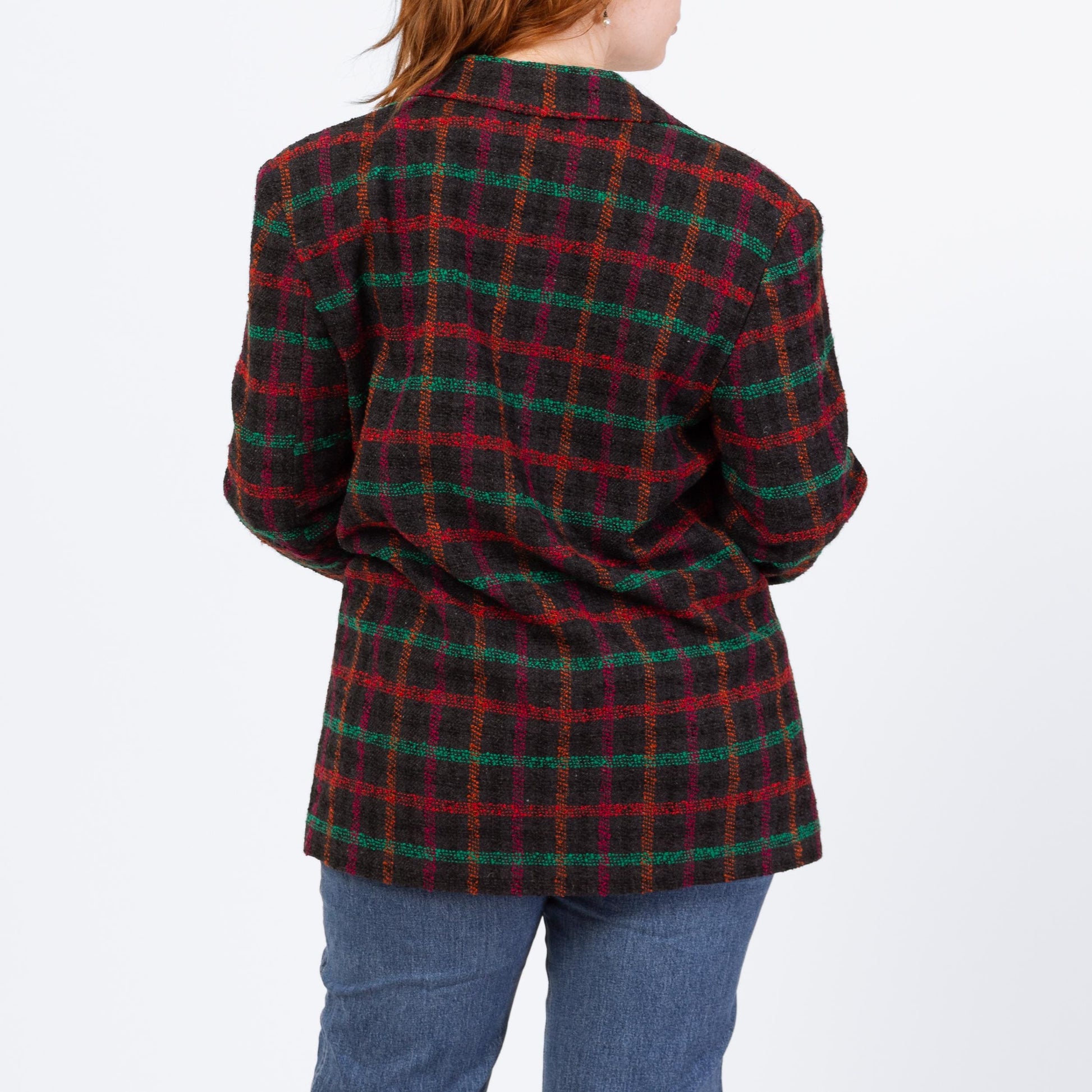 Vintage 80s Black Windowpane Plaid Tweed Blazer - Large | Longline Oversize Button Up Notched Collar Jacket