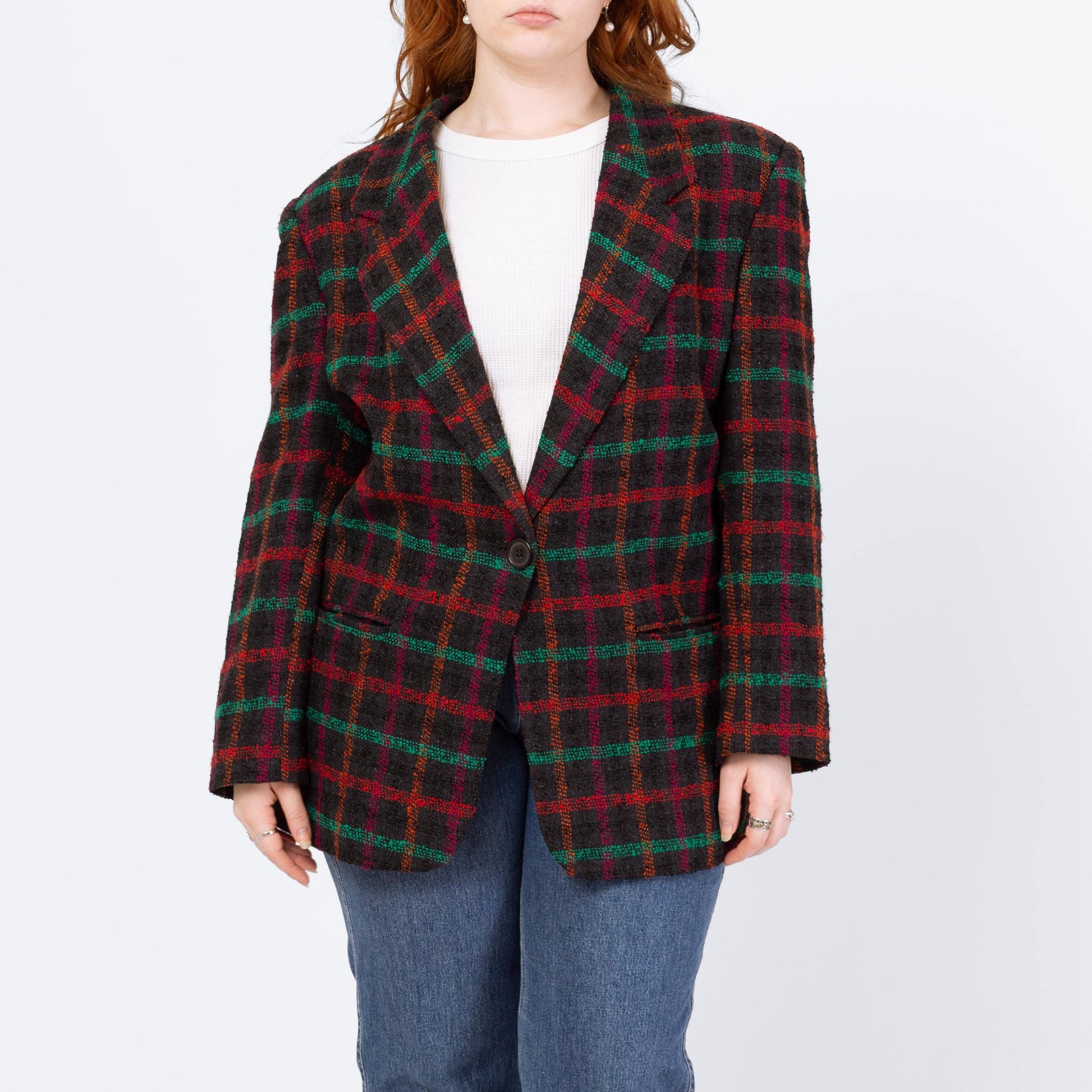 Vintage 80s Black Windowpane Plaid Tweed Blazer - Large | Longline Oversize Button Up Notched Collar Jacket