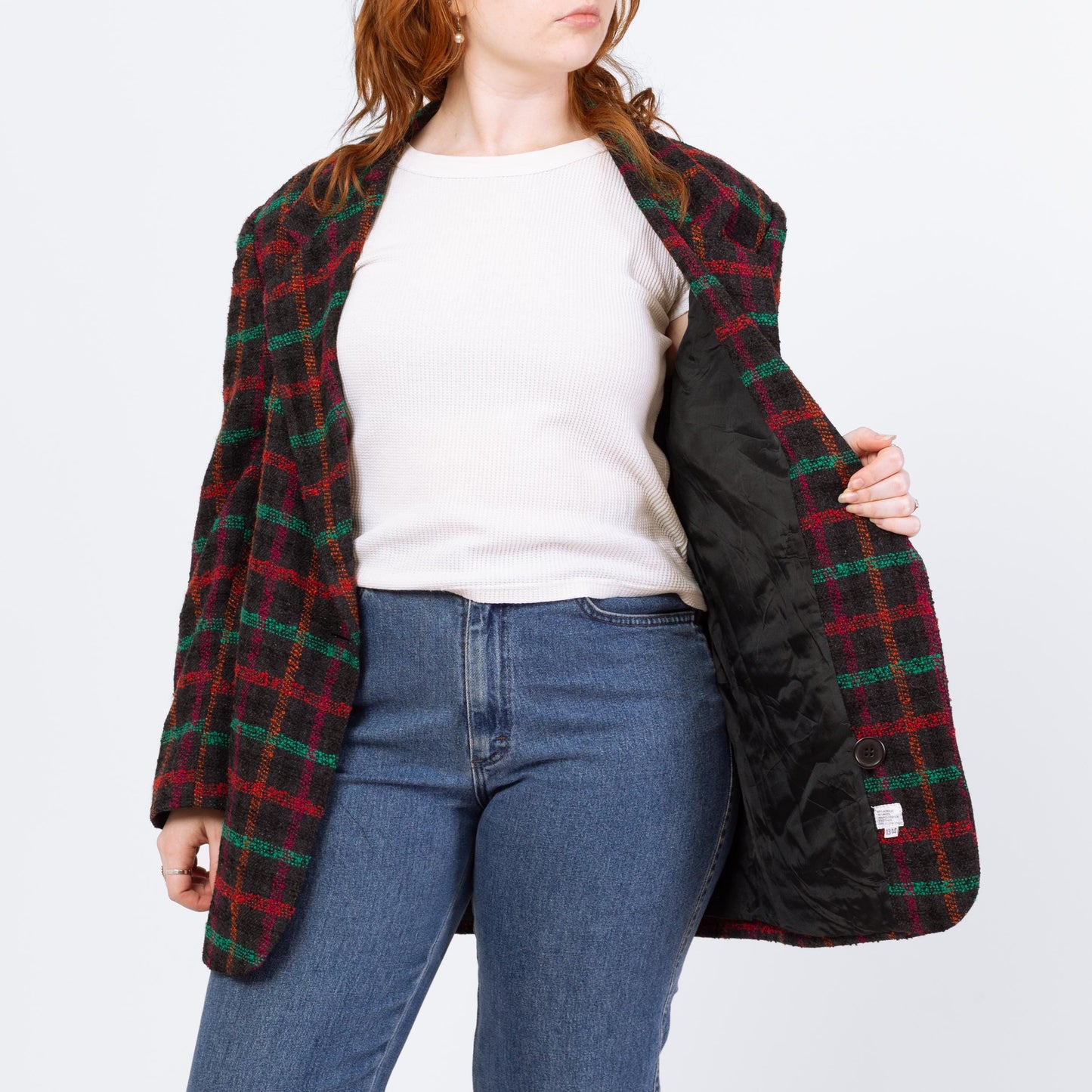 Vintage 80s Black Windowpane Plaid Tweed Blazer - Large | Longline Oversize Button Up Notched Collar Jacket