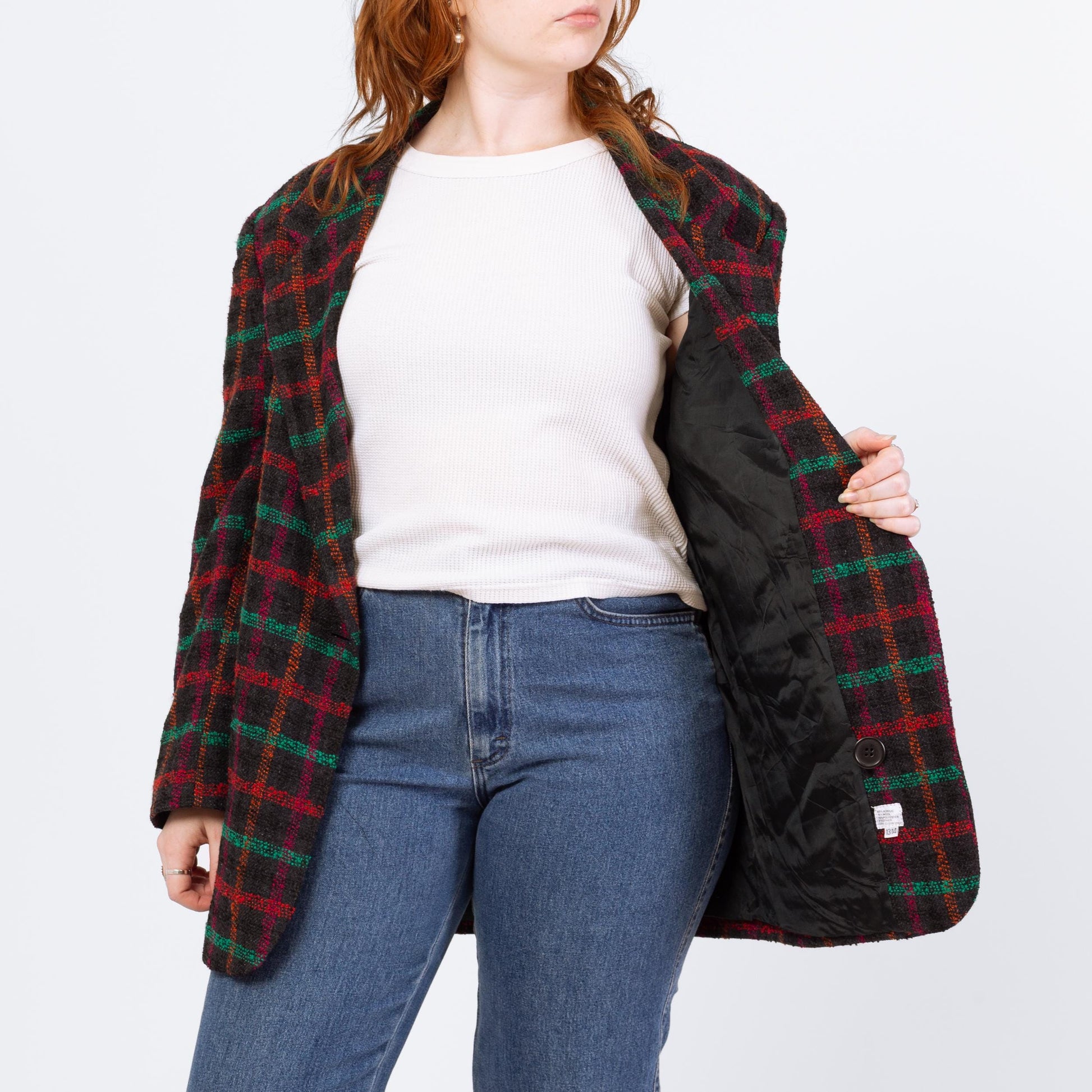 Vintage 80s Black Windowpane Plaid Tweed Blazer - Large | Longline Oversize Button Up Notched Collar Jacket