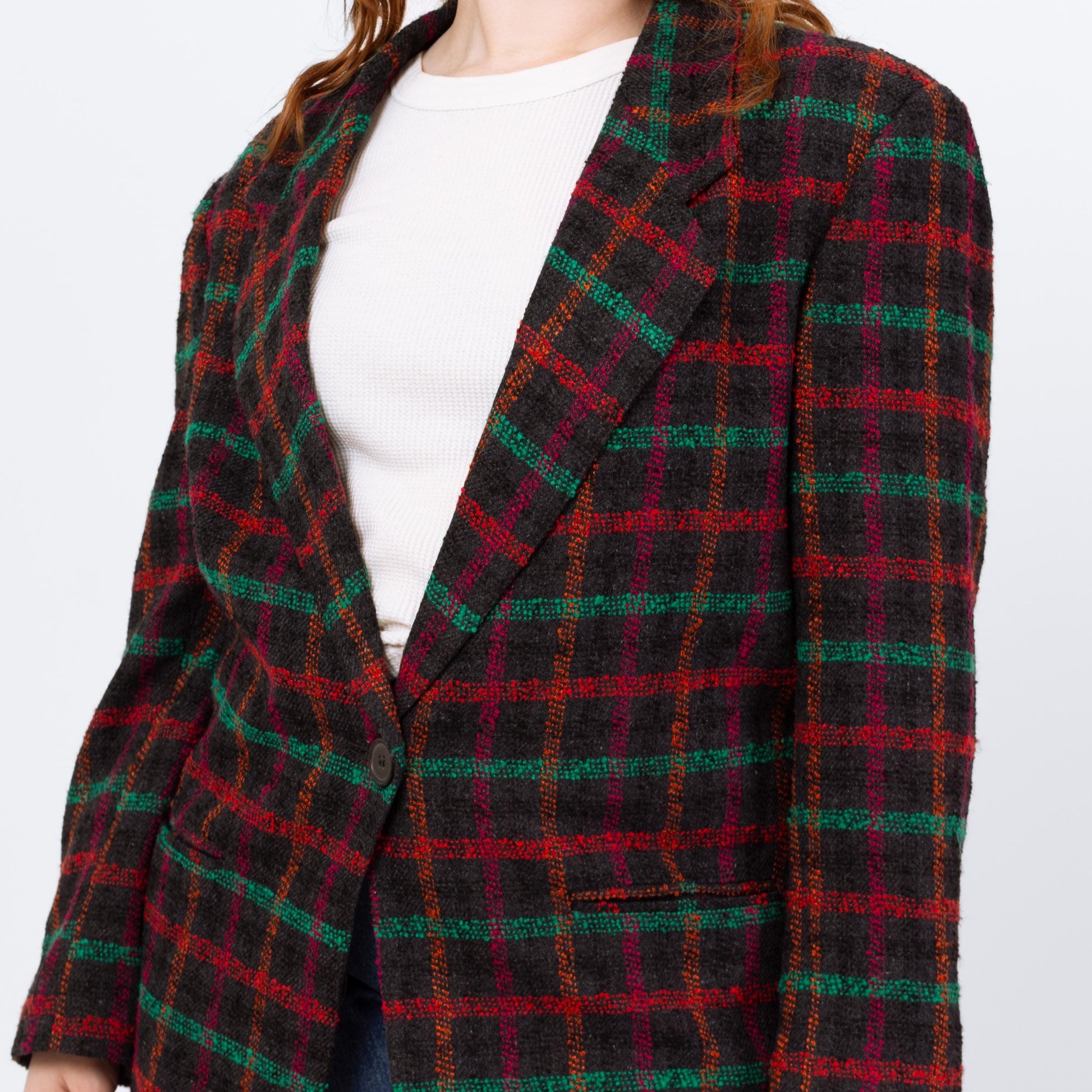 Vintage 80s Black Windowpane Plaid Tweed Blazer - Large | Longline Oversize Button Up Notched Collar Jacket