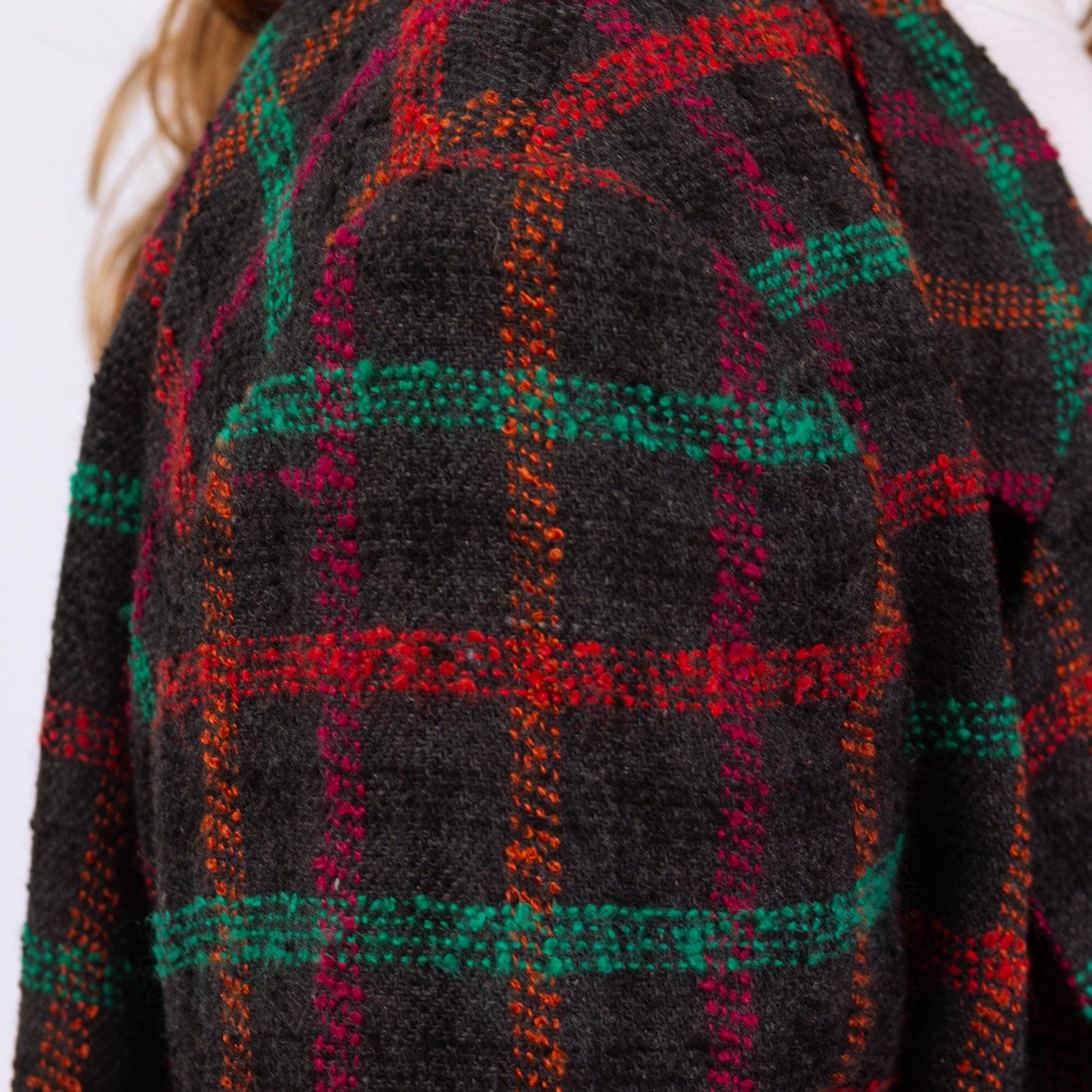 Vintage 80s Black Windowpane Plaid Tweed Blazer - Large | Longline Oversize Button Up Notched Collar Jacket