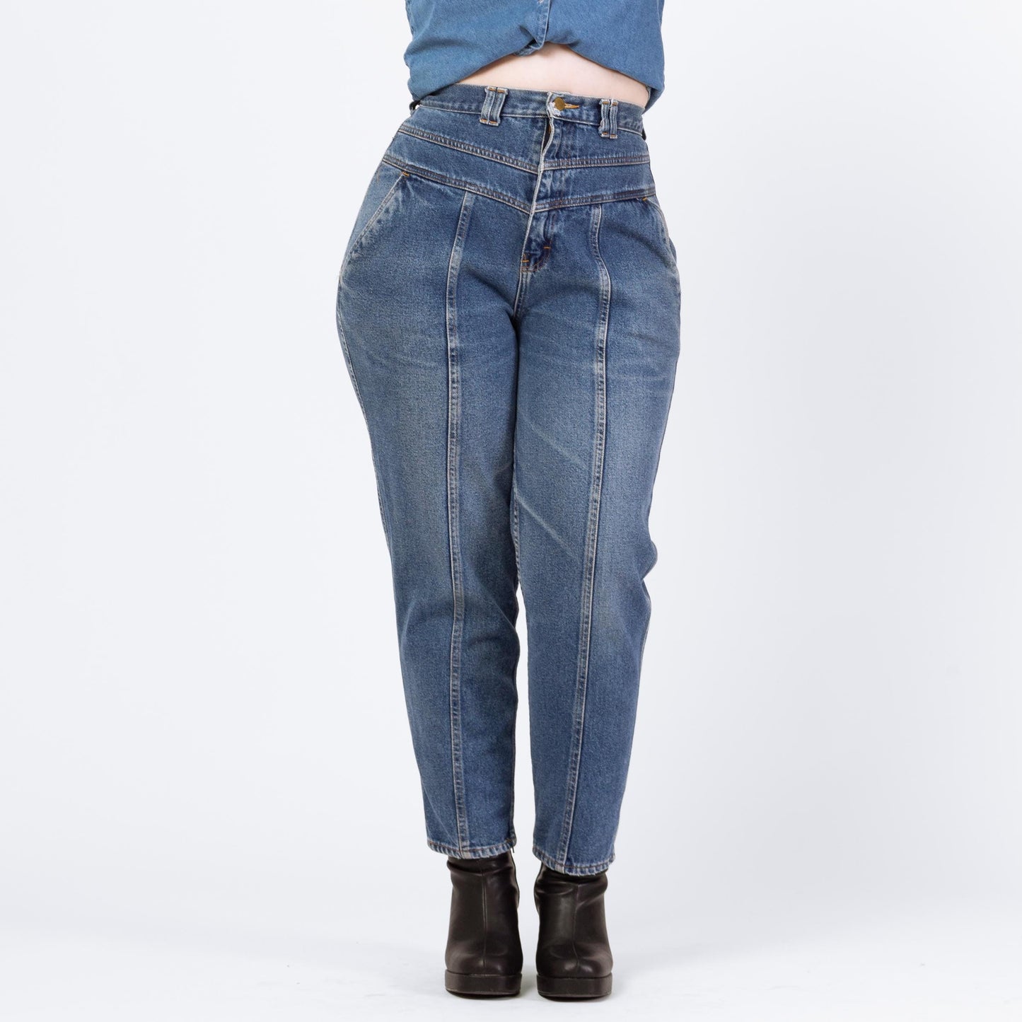 Vintage 90s Grunge Yoked Waist High Rise Curvy Jeans - Medium, 29" Waist | Hourglass Fit Tapered Leg Denim, High Waisted Mom Jeans