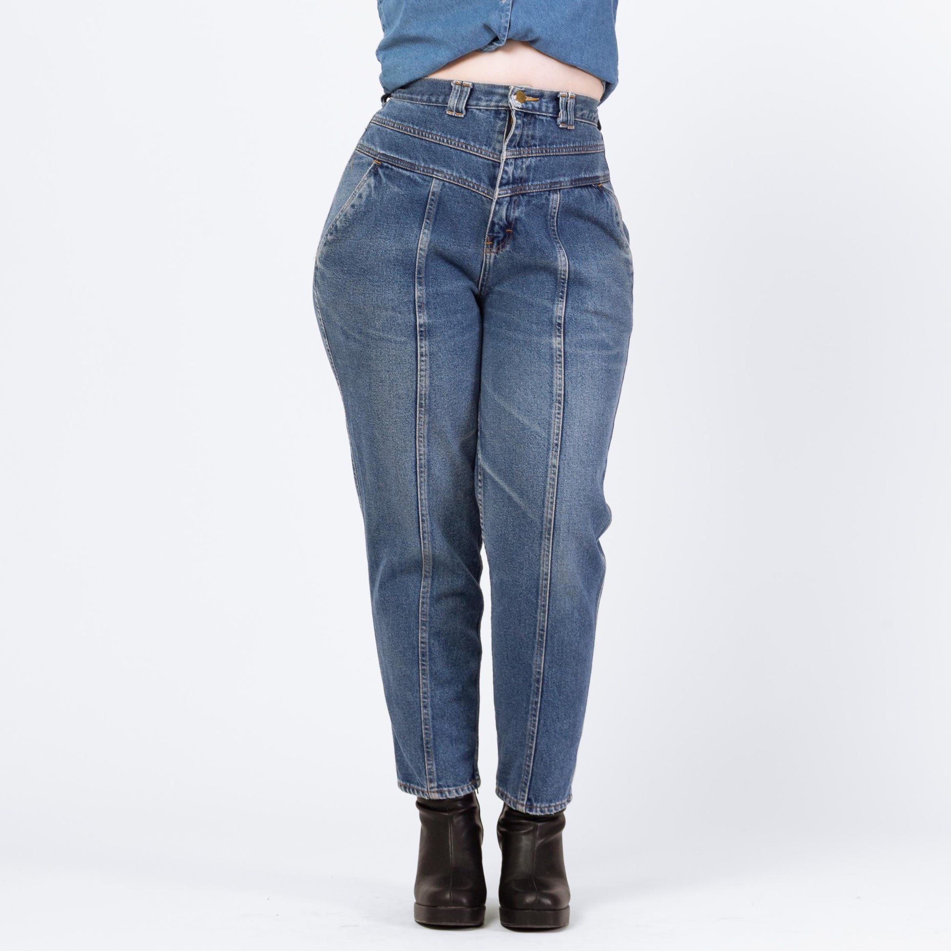 Vintage 90s Grunge Yoked Waist High Rise Curvy Jeans - Medium, 29" Waist | Hourglass Fit Tapered Leg Denim, High Waisted Mom Jeans