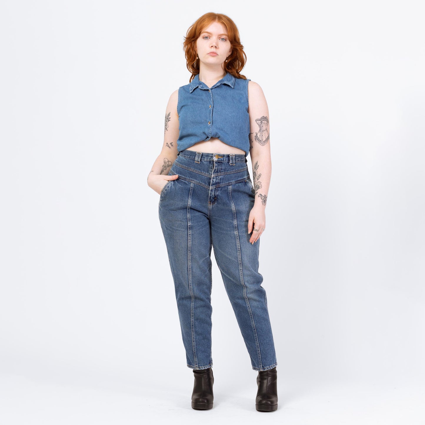 Vintage 90s Grunge Yoked Waist High Rise Curvy Jeans - Medium, 29" Waist | Hourglass Fit Tapered Leg Denim, High Waisted Mom Jeans